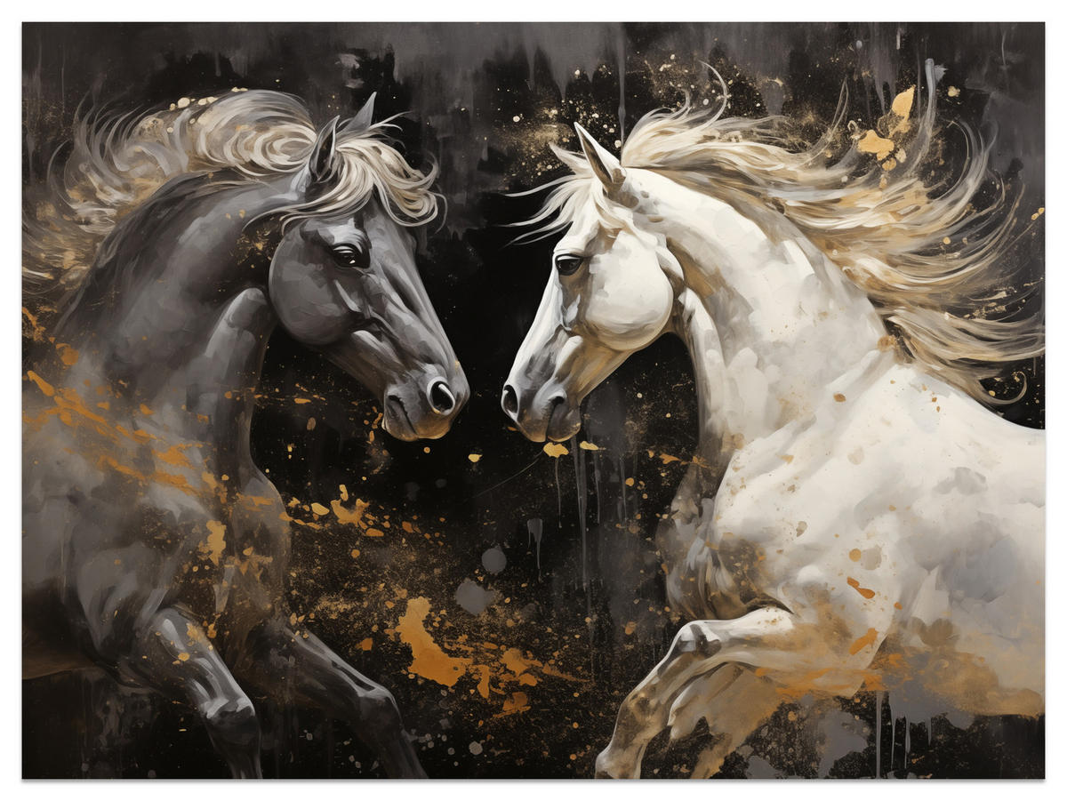 FOTOTAPETE für Büro Schwarz-Weiß Pferd Aquarell Goldakzente Eleganz 450x315 - Beige/Schwarz, Papier (450/315cm) - Muralo