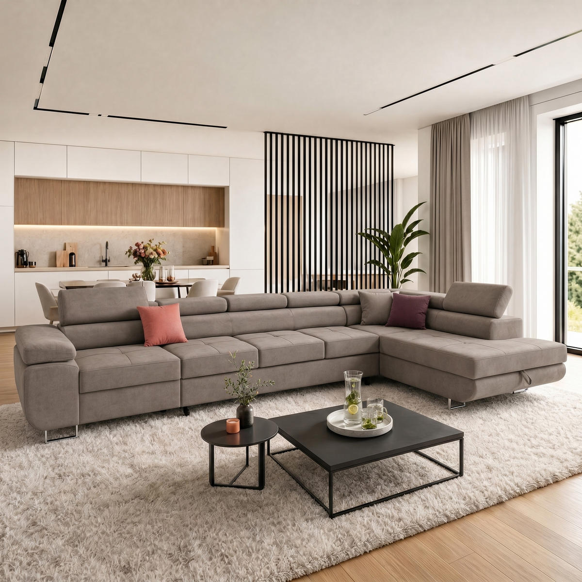 ECKSOFA WILD XXL Rechts mit Schlaffunktion 125x240 Velours Beige - Beige/Silberfarben, Holz/Textil (200/400cm) - Muffo