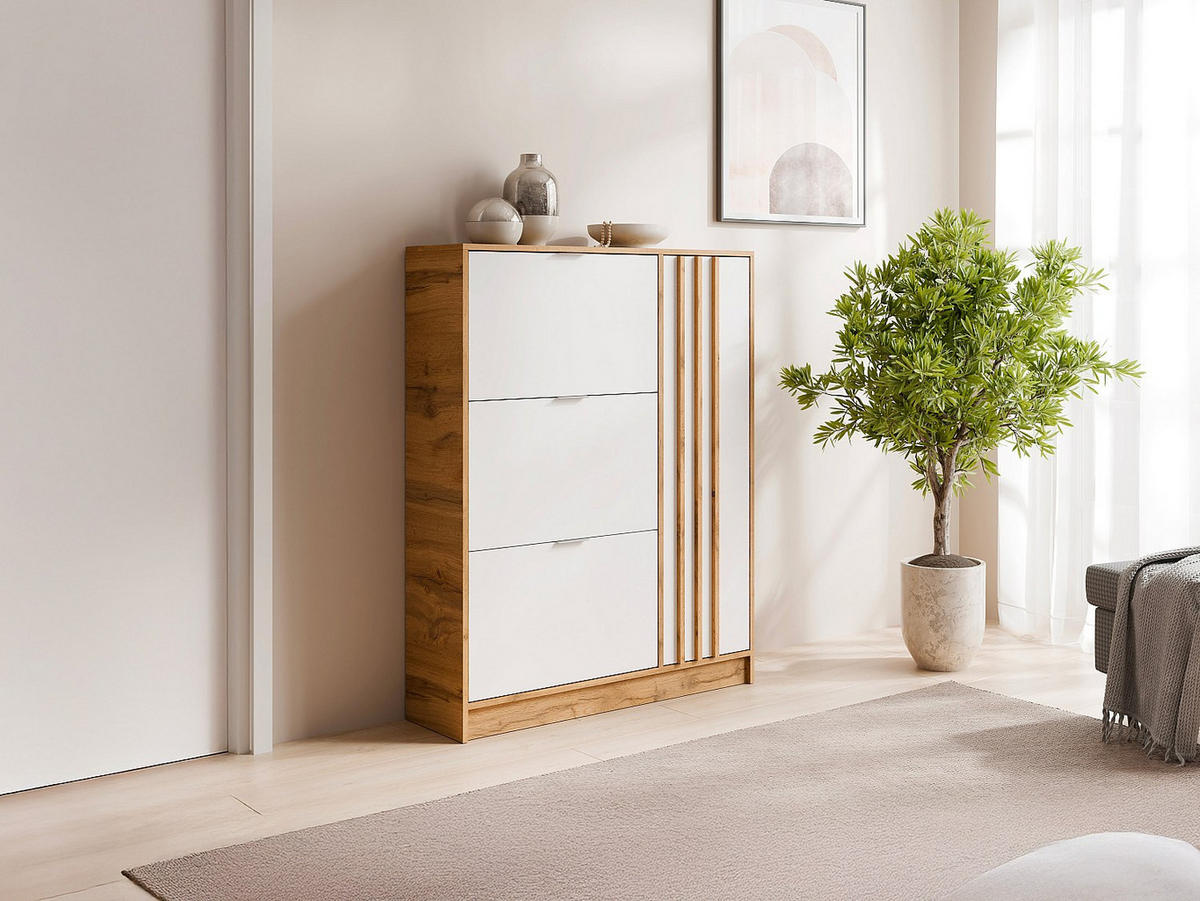 SCHUHSCHRANK - 102 cm x 30 cm - holz - naturfarben hell, weiß Janakia - Weiß, Holz (102/130/30cm) - Vente-Unique