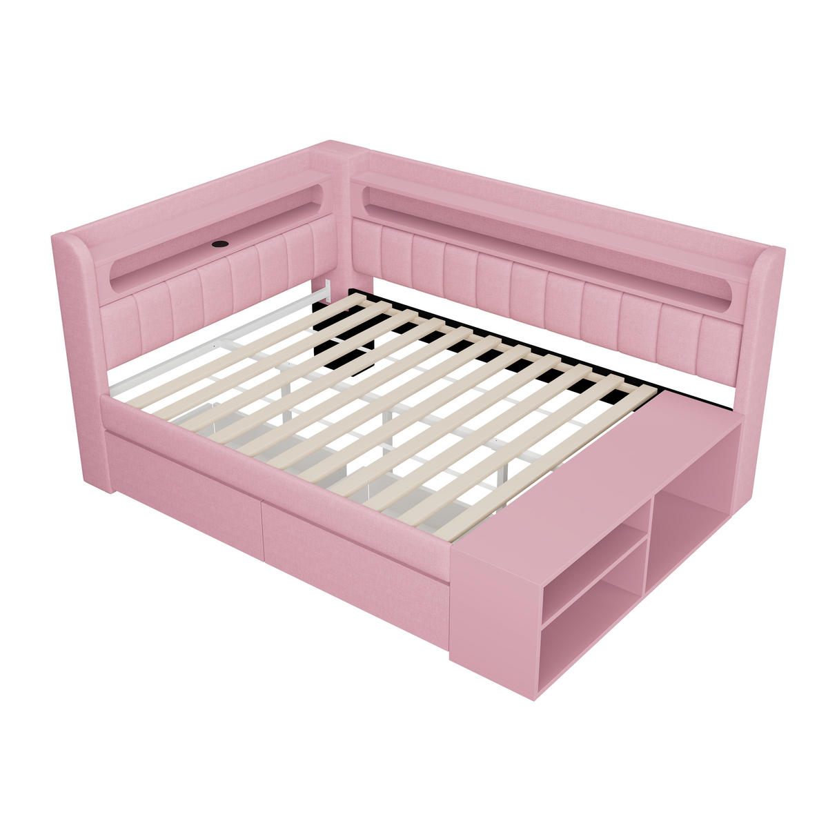 STAURAUMBETT 90/200 cm DE-03405, mit USB, LED, Schuhschrank und zwei Schubladen, in Rosa - Pink, Holzwerkstoff (90/200cm) - ComfortXL