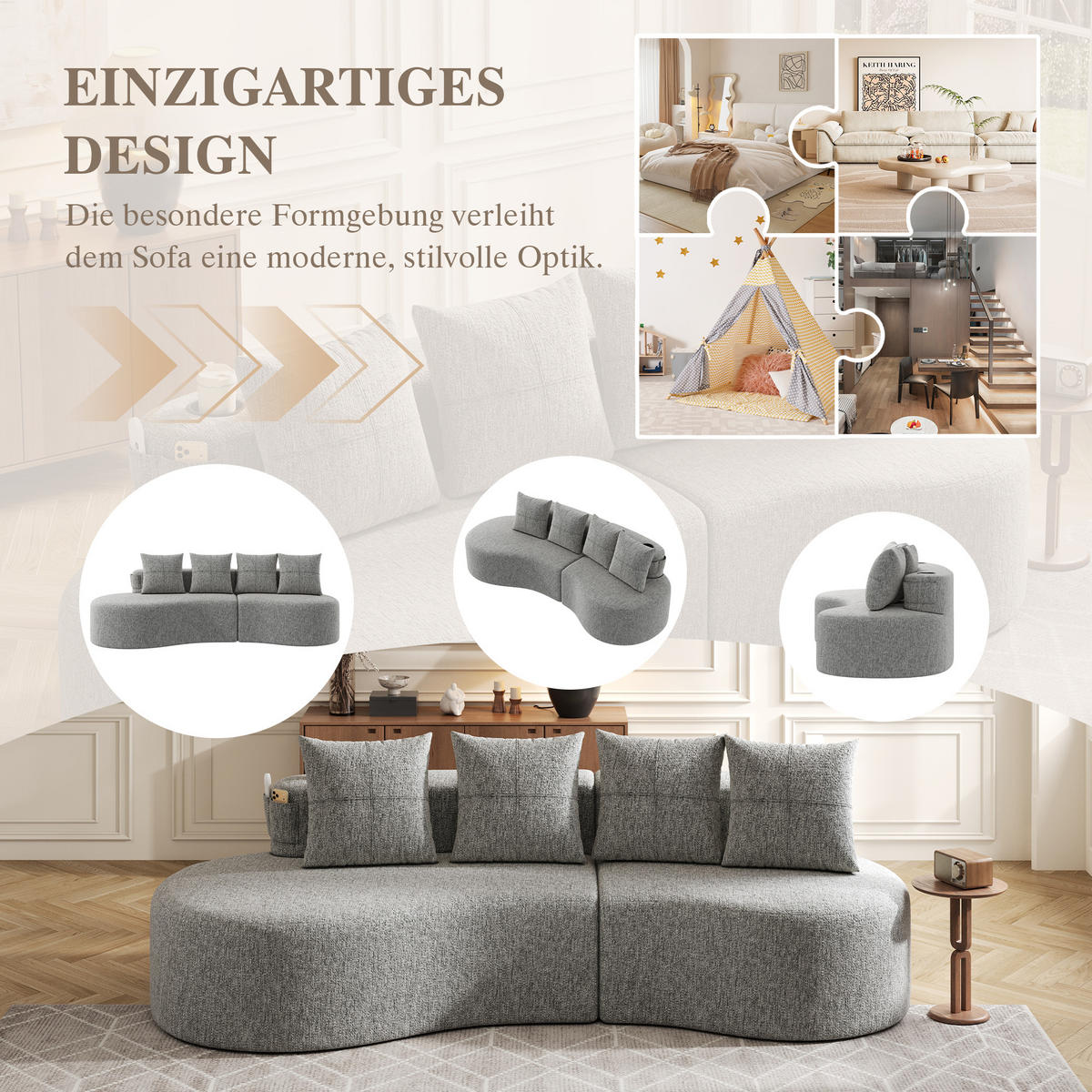 3-SITZER SOFA leinenstoff farbwahl mit getränkehalter & seitentaschen - Hellgrau, Textil (240/63/109cm) - Urban Meuble