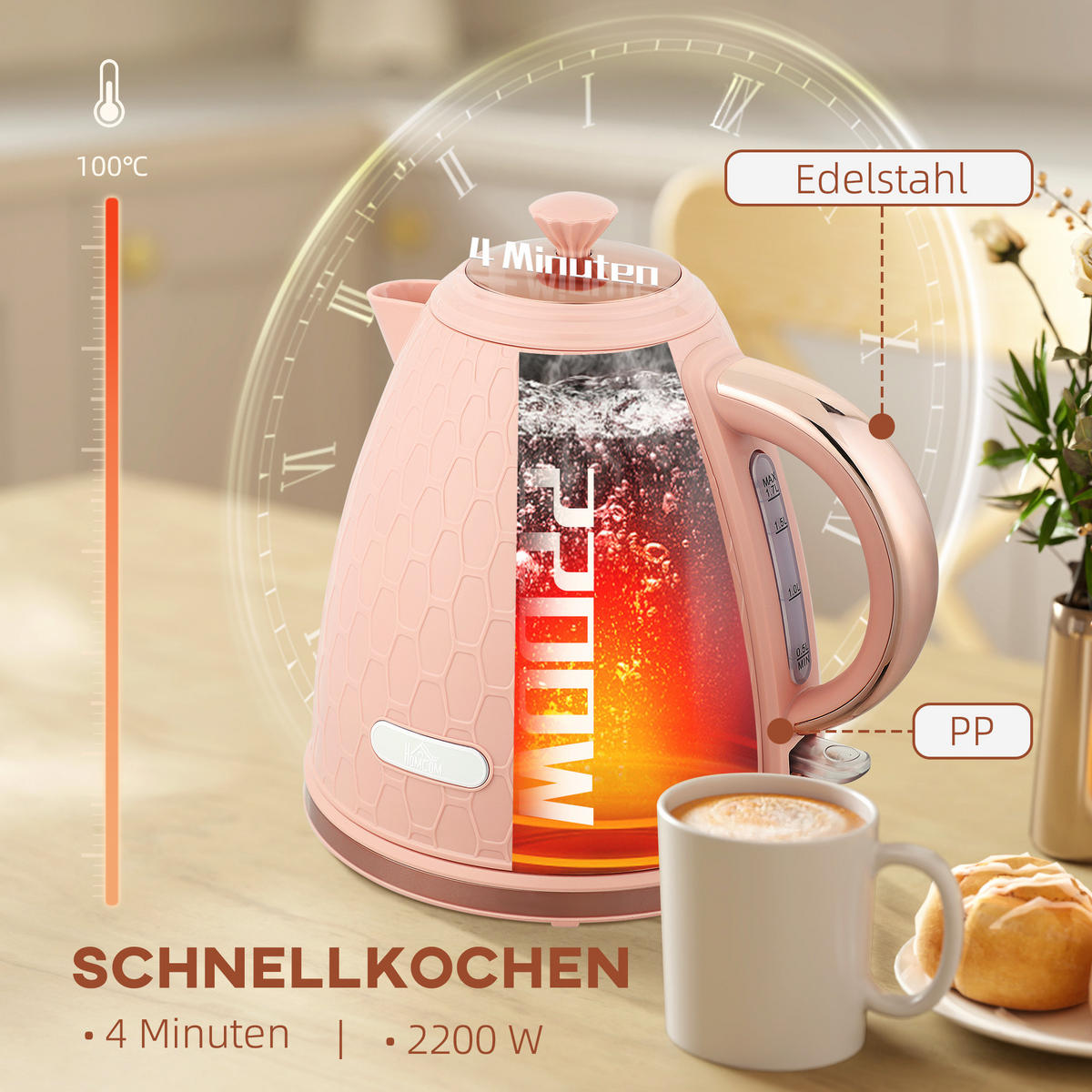 WASSERKOCHER DE-07948 1,7 L, 2,2 kW, kabellos Hellrosa - Pink, Kunststoff (19.5/23.4/24.2cm) - ComfortXL