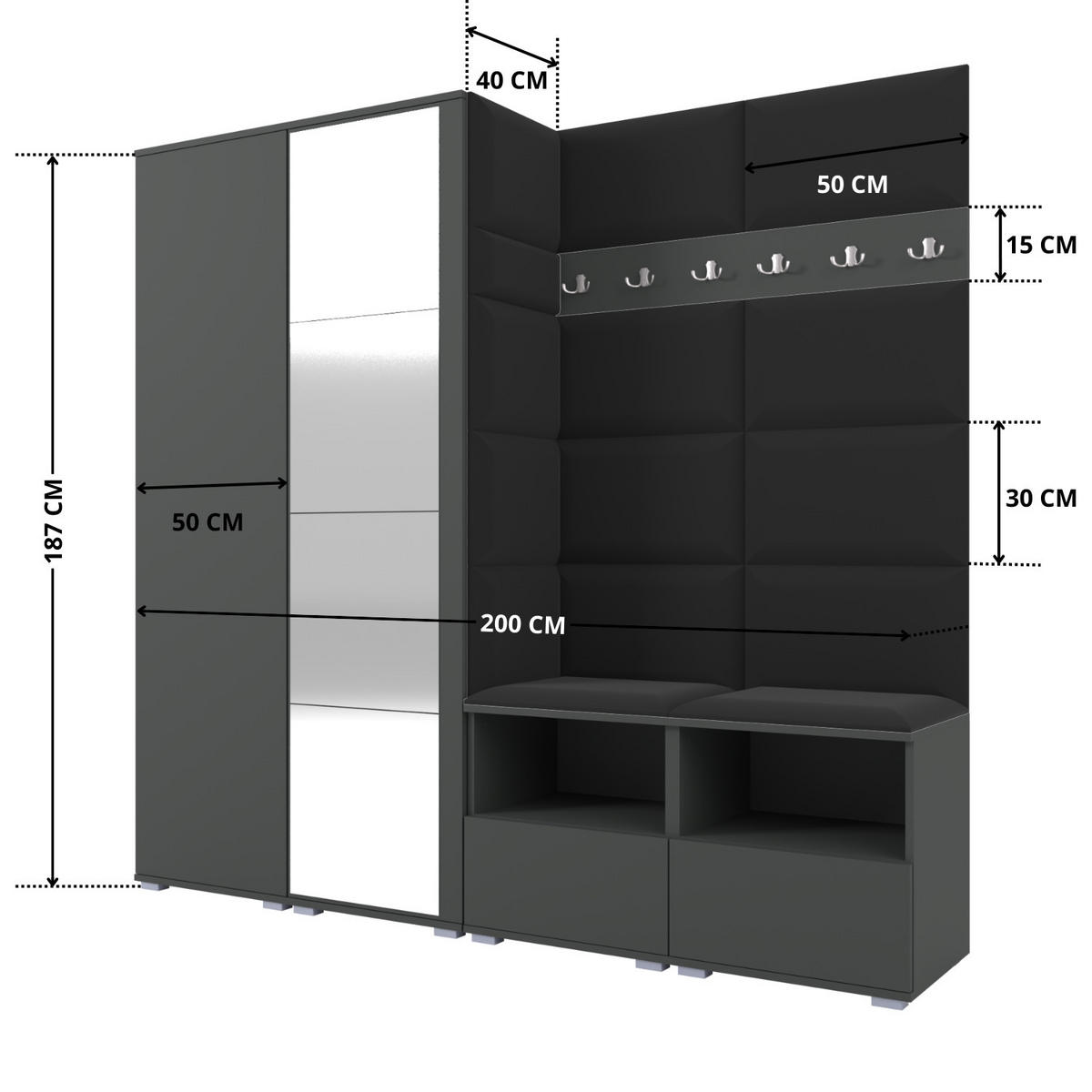 GARDEROBE NELA VI 200 cm (Modulare Flurmöbel Graphit mit Spiegel & Sitzpolster Schwarz 16 Universell) - Silberfarben/Schwarz, Holz/Holzwerkstoff (200/187/40cm) - Ravio