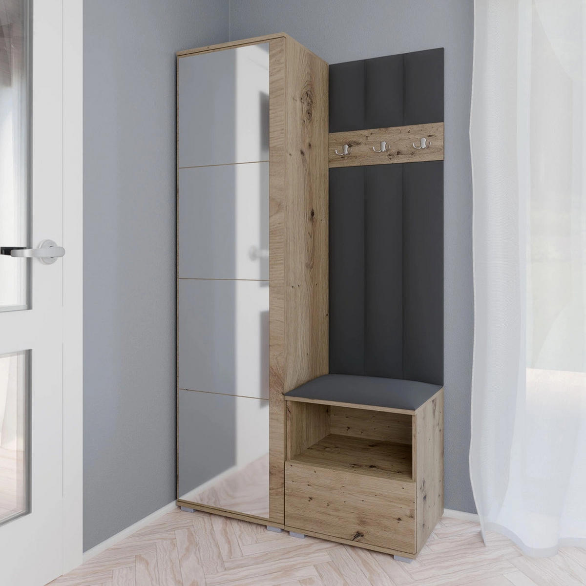 GEPOLSTERT Garderoben-Set Nela I LUX (Spiegel – Farbe Eiche Artisan + Stoff Trinity 15) - Dunkelgrau/Silberfarben, Holz/Holzwerkstoff (100/187/40cm) - Ravio