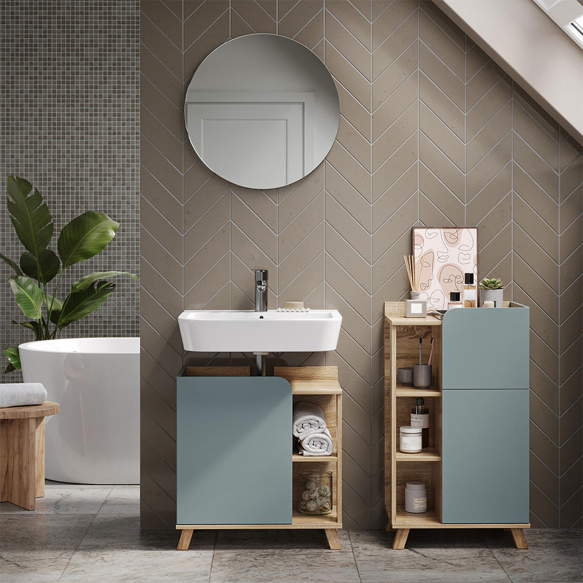 UNTERSCHRANK Karen Blau-Grau 50 x 90 cm mit Tür und Schublade - Dunkelblau/Sonoma Eiche, Holzwerkstoff (50/90/35cm) - Vicco