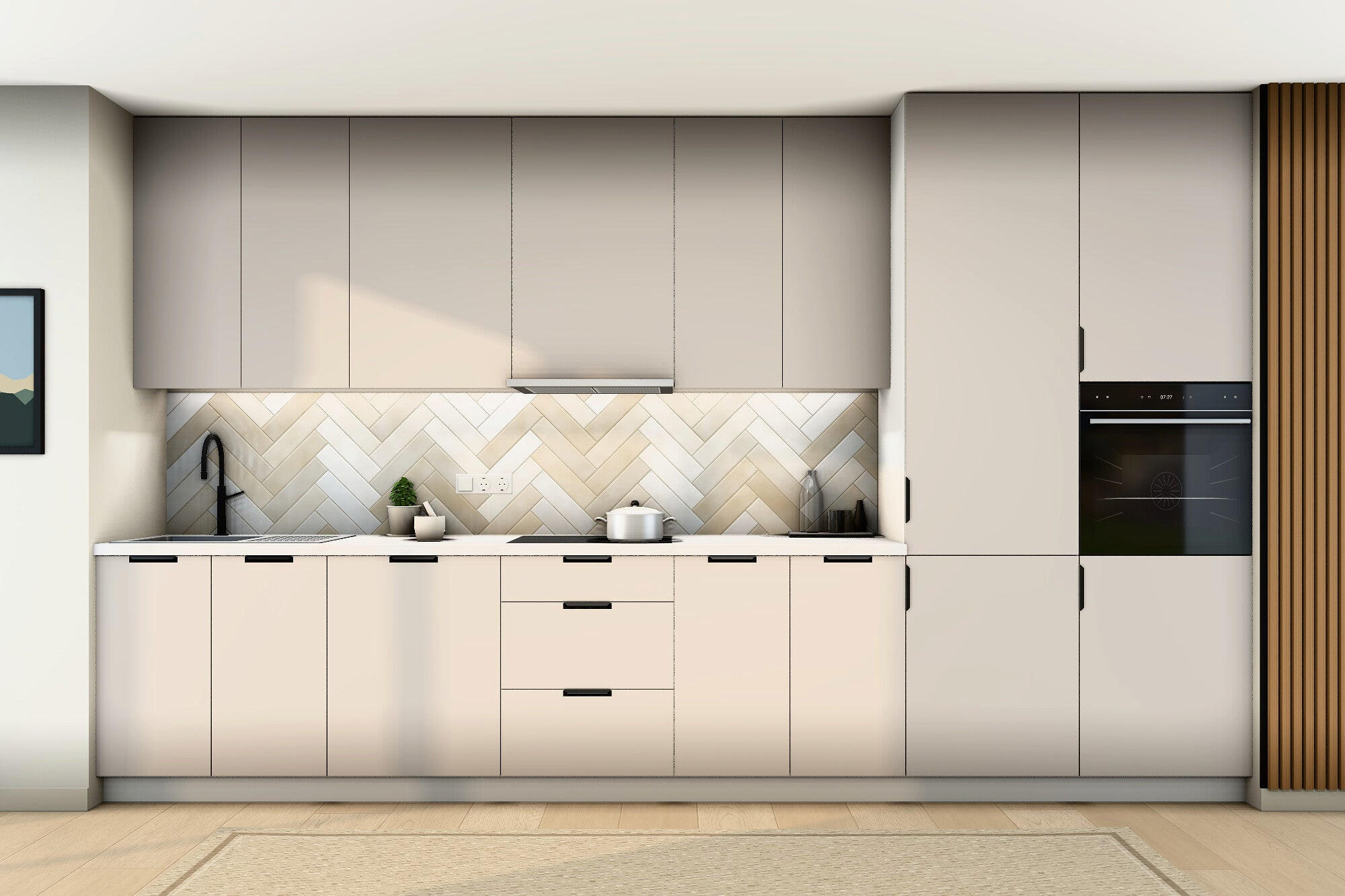 KÜCHENZEILE Sorento Weiß & Beige – 400 cm – K58-G400 R - Beige/Schwarz, Holzwerkstoff/Metall (400/247/58cm) - ROYAL24_MARKT