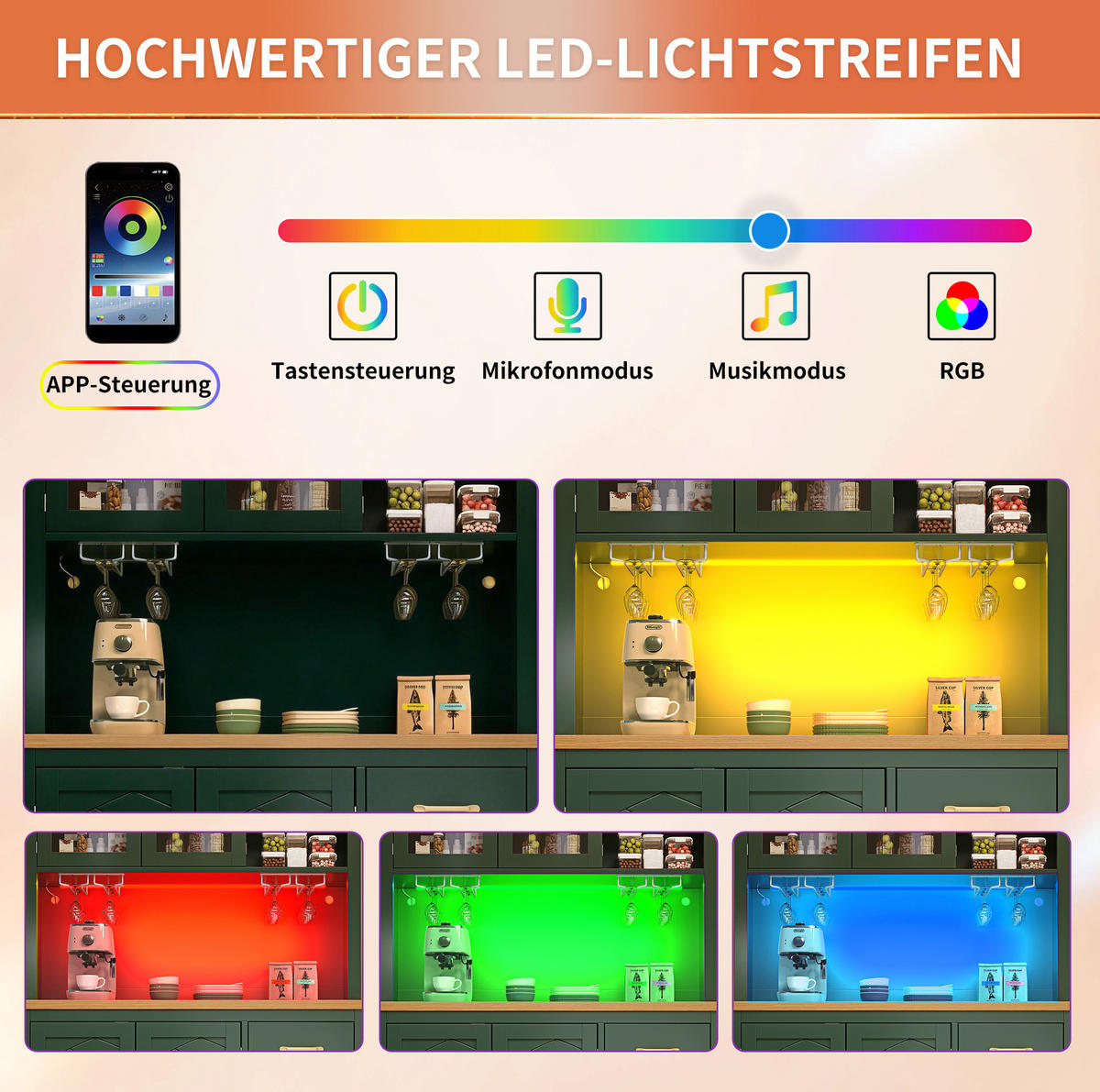 BUFFETSCHRANK 105,5/40/180 cm mit LED-Lichtleiste, App-Steuerung und großem Stauraum, Grün - Grün, Holzwerkstoff (105.5/180/40cm) - Redom