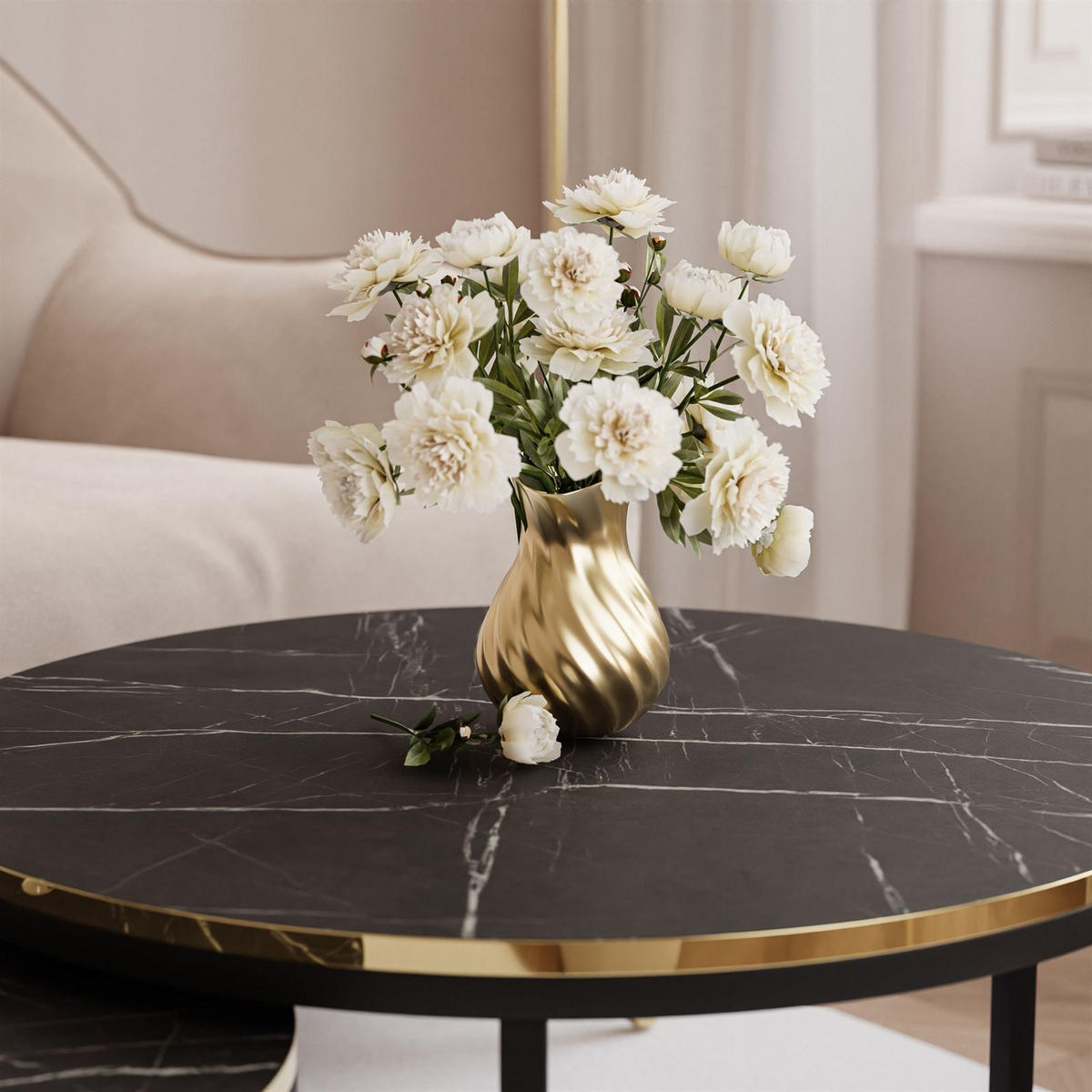 COUCHTISCH Set SOLEIL 2in1, rund, Schwarz Marmor-Optik und Schwarz Gestell - Schwarz, Holzwerkstoff (70/70/48cm) - Lookway