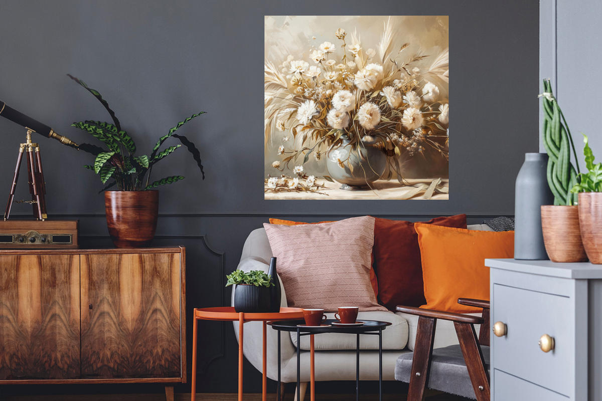 WANDTATTOO Blumen - Vase - Stilleben - Beige 50x50 cm - Creme, Kunststoff (50/50/0.1cm) - MuchoWow