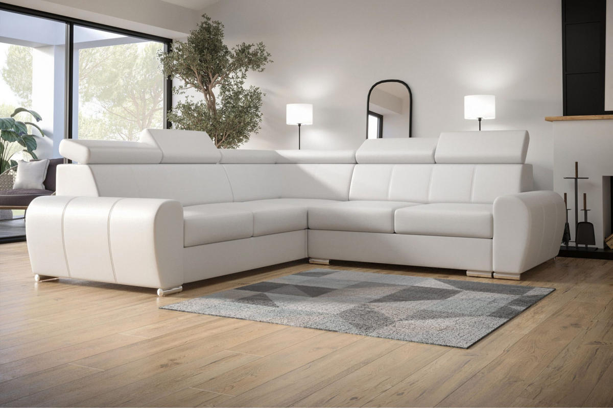 ECKSOFA APOLLO,mit Schlaffunktion und Bettkasten, Farbe: Weiß, Kunstleder, Ottomane Links - Weiß, Textil (255/255cm) - O-Sofa