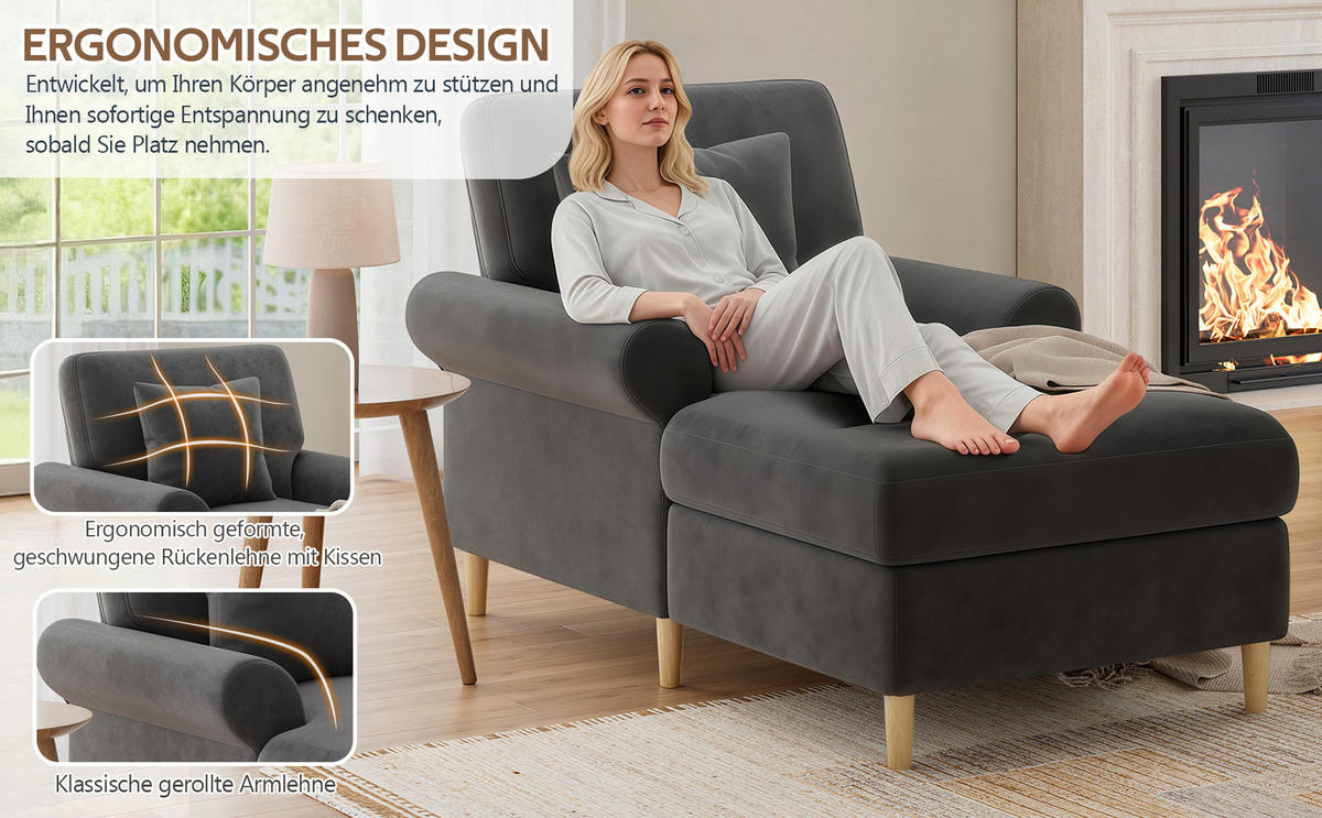 RELAXSESSEL 133x87x90 mit Liegefunktion und ergonomischer Rückenlehne, abnehmbare Kissen, samt, grau - Grau, Textil (87/90/133cm) - Luhomfu