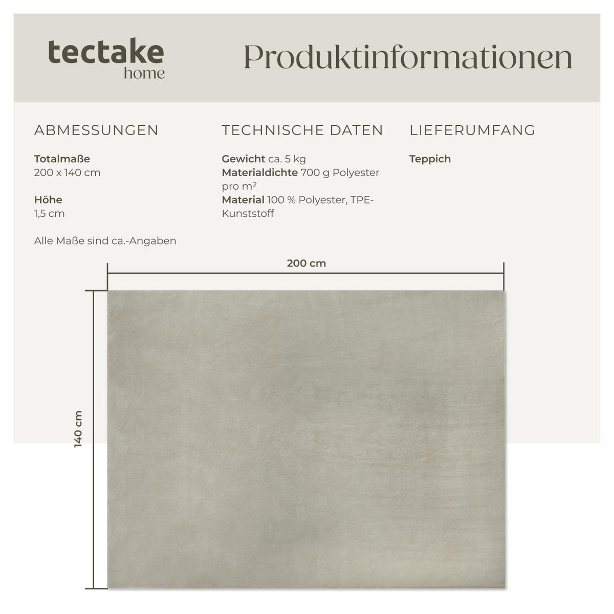 KURZFLORTEPPICH Soft Zone,rutschfeste Unterseite,Sand - Sandfarben, Kunststoff (200/140cm) - tectake