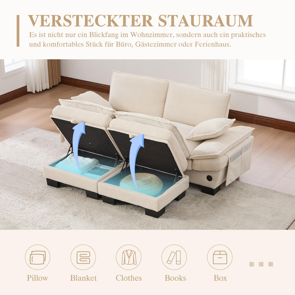 2-SITZER SOFA Cord Beige mit USB-C und Seitentaschen - Beige, Holzwerkstoff/Kunststoff (190/84/132cm) - WISHDOR