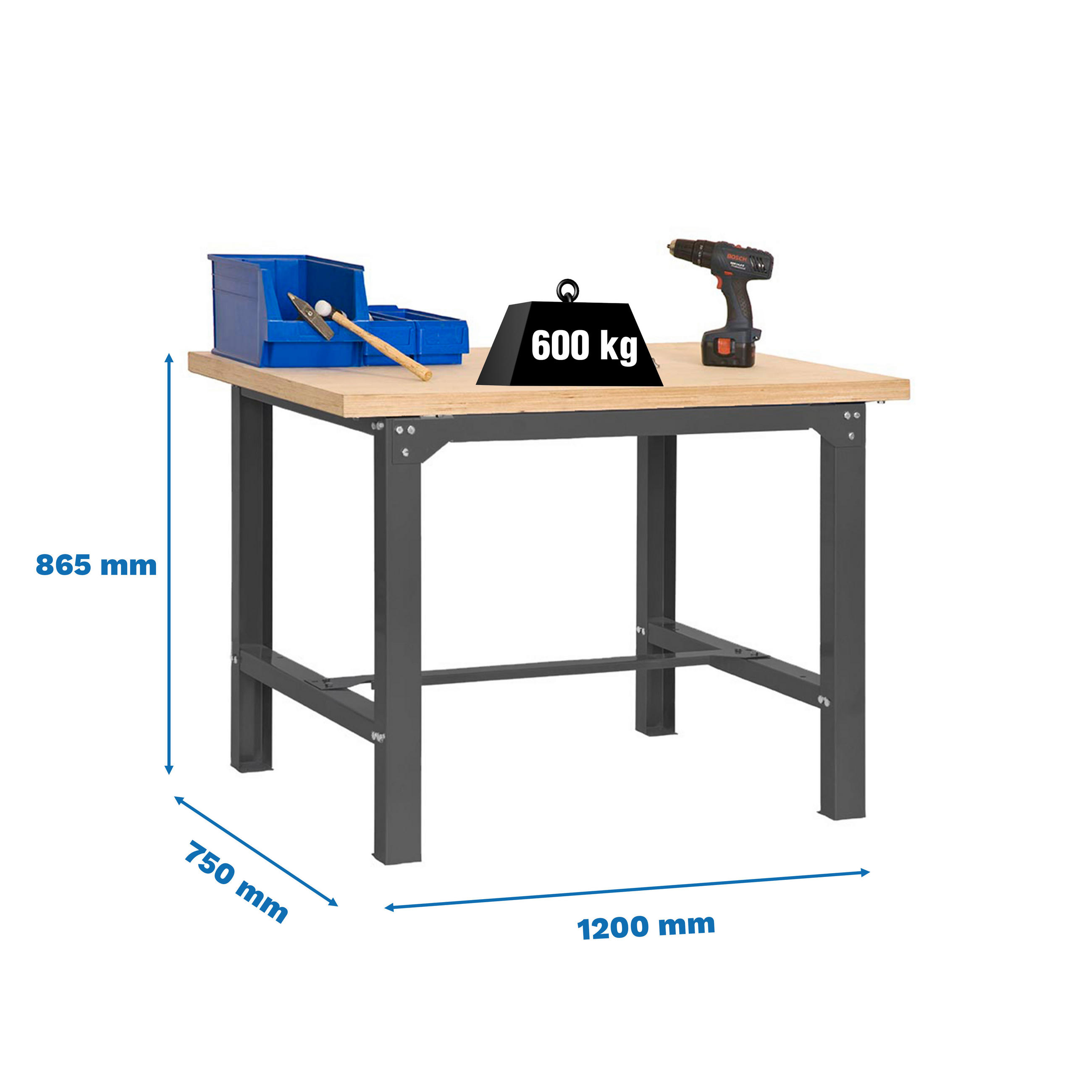 WERKBANK BUFFALO WOOD | HxBxT 87x120x75cm | Traglast 600kg | Anthrazit - Anthrazit, Metall (120/87/75cm) - PROREGAL