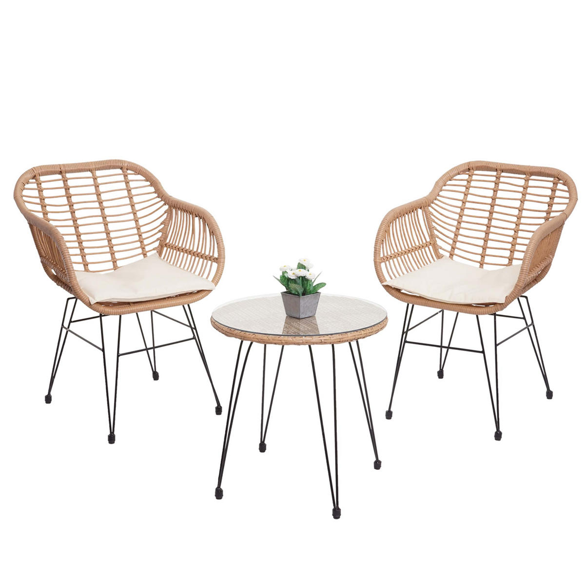 POLY-RATTAN GARNITUR Braun, Cremeweiß - Braun/Weiß, Kunststoff - MCW