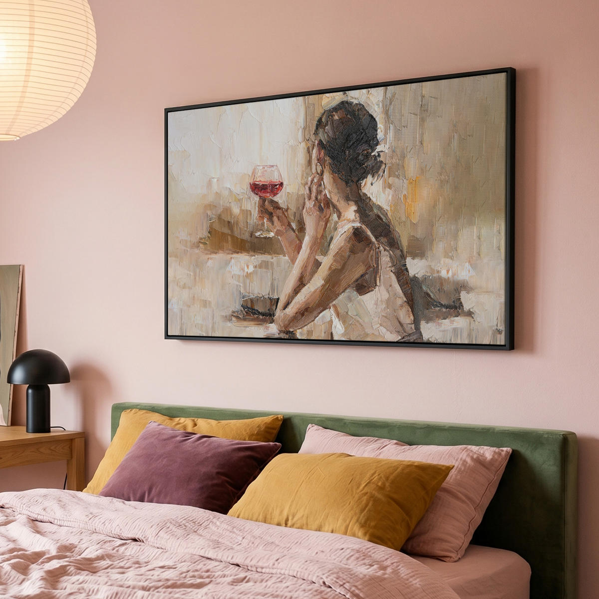 LEINWAND Bilder mit Rahmen - Ölgemälde - Frau - Wein - 150x100 - Hellbraun, Textil (150/100cm) - MuchoWow