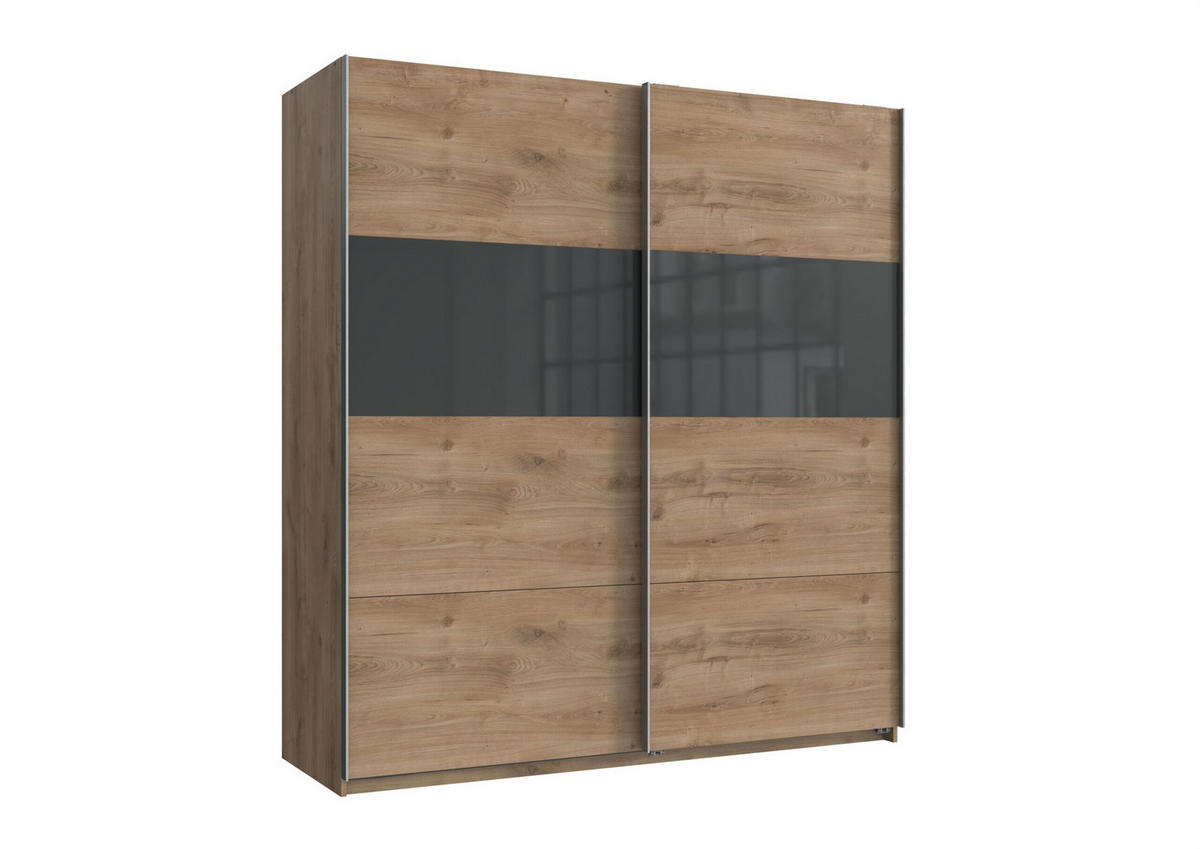 SCHWEBETÜRENSCHRANK Bramfeld in Plankeneiche Grey Glas 180 x 198 x 65 cm (B x H x T) Kleiderschrank - Silberfarben/Braun, Holzwerkstoff (180/198/65cm)