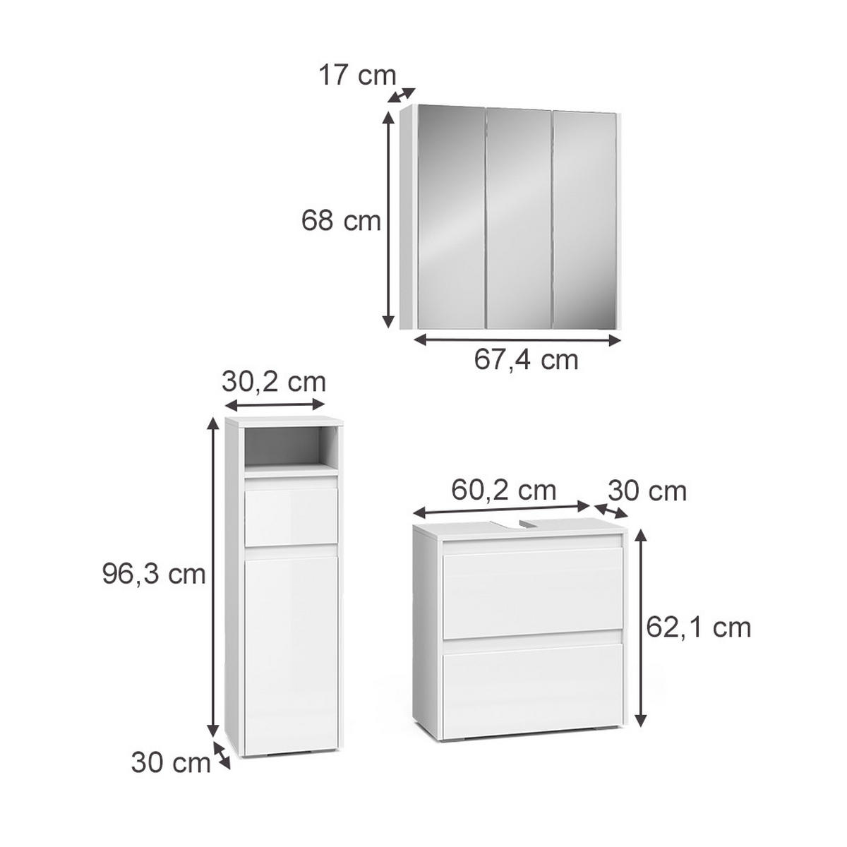 BADMÖBEL-SET Majest Weiß 3 Teile - Weiß Hochglanz, Holzwerkstoff (60/62/30cm) - Vicco