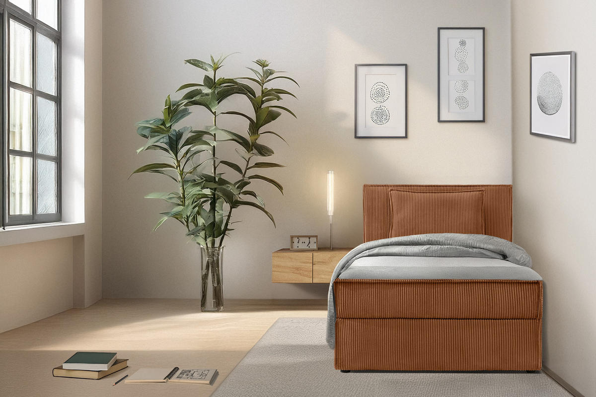 BOXSPRINGBETT ROTI Einzelbett, orange - Schwarz/Orange, Holz/Holzwerkstoff (80/200cm) - KONSIMO®