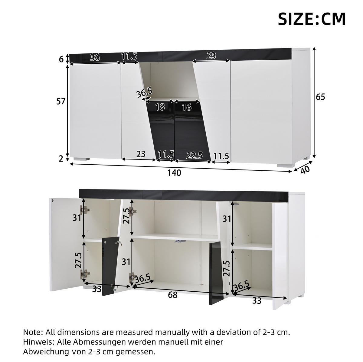 SIDEBOARD 140/40/65 cm aus Spanplatte mit LED-Beleuchtung, 4 Türen und verstellbaren Einlegeböden, Weiß/Schwarz - Weiß, Holzwerkstoff (140/65/40cm) - Redom