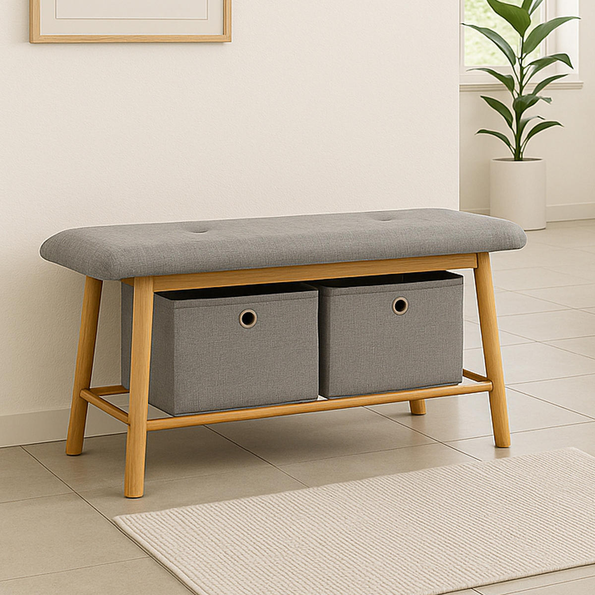 SCHUHBANK Bambus 90x34x45cm mit 2 Körben - Hellbraun/Grau, Bambusholz/Textil (34/45/90cm)