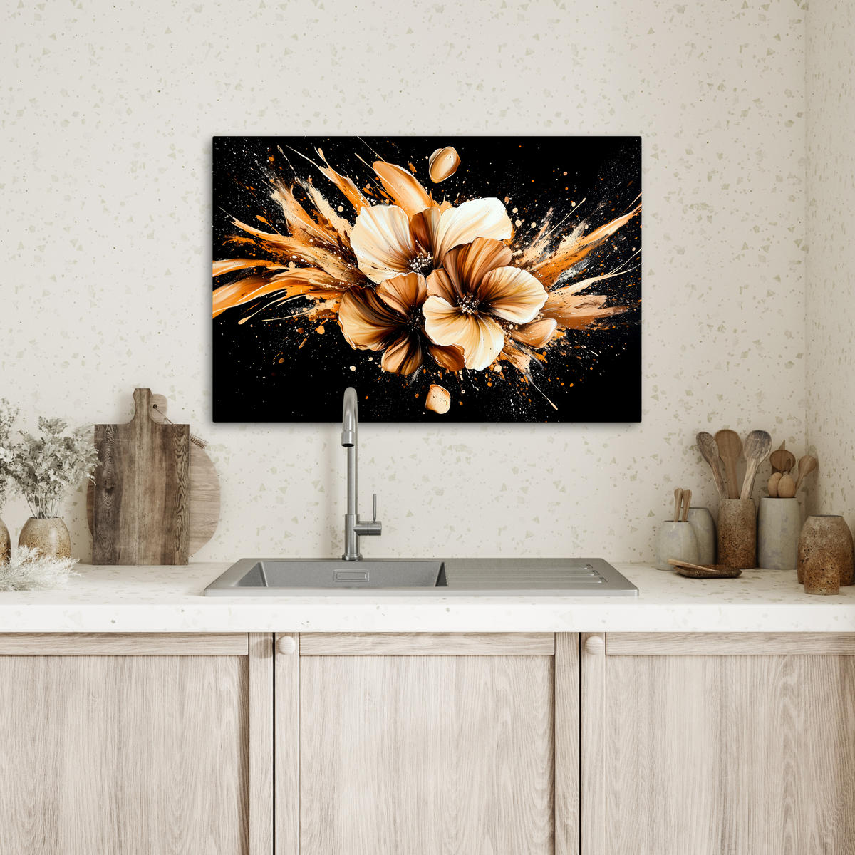 LEINWANDBILD Blumen - Gold - Graffiti - Schwarz - Abstrakt Gemälde 60x40 cm - Cappuccino, Textil (60/40cm) - MuchoWow