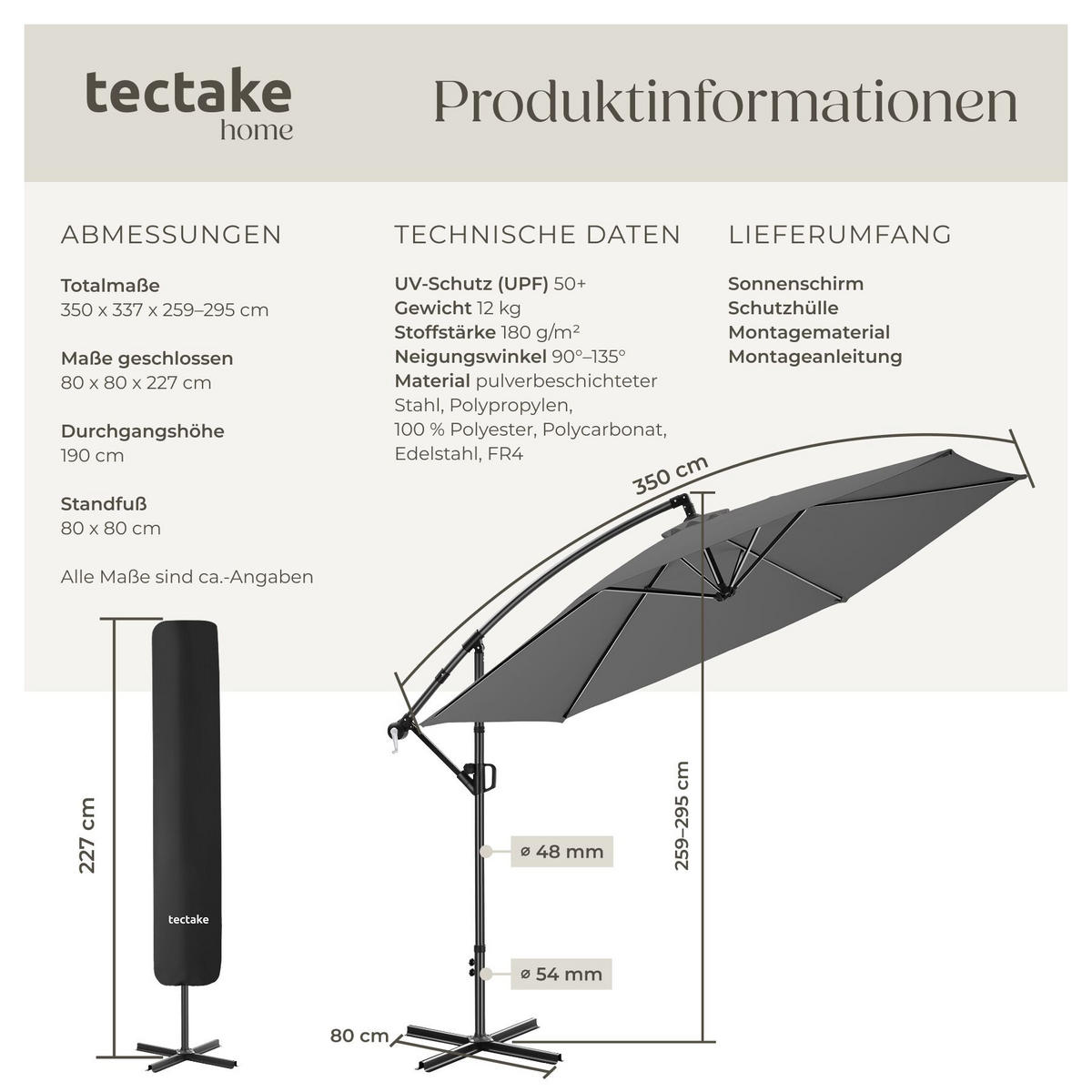 AMPELSCHIRM Artemis, inkl. Schutzhülle, grau - Grau, Metall (350/337cm) - tectake