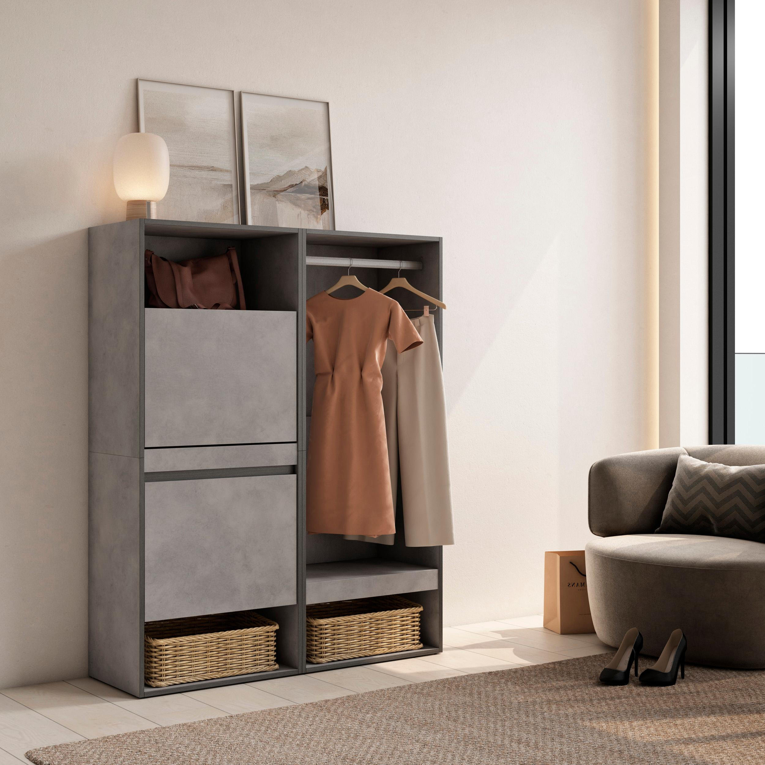 SCHUHKIPPER mit Garderobe, zementgrau, 120/35/145cm - Grau, Holzwerkstoff (120/145/35cm) - Skraut Home