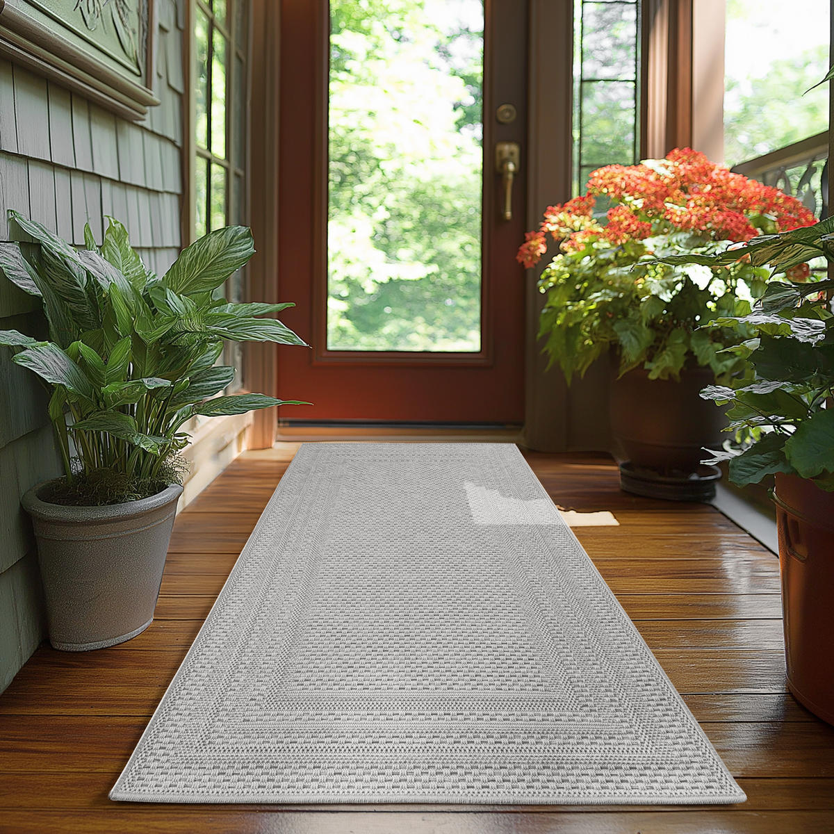 TEPPICH Outdoor Flachgewebe Bordürenmuster Polypropylen Terrasse Grau Läufer 80x150 - Grau, Textil (80/150cm) - KADIMA DESIGN