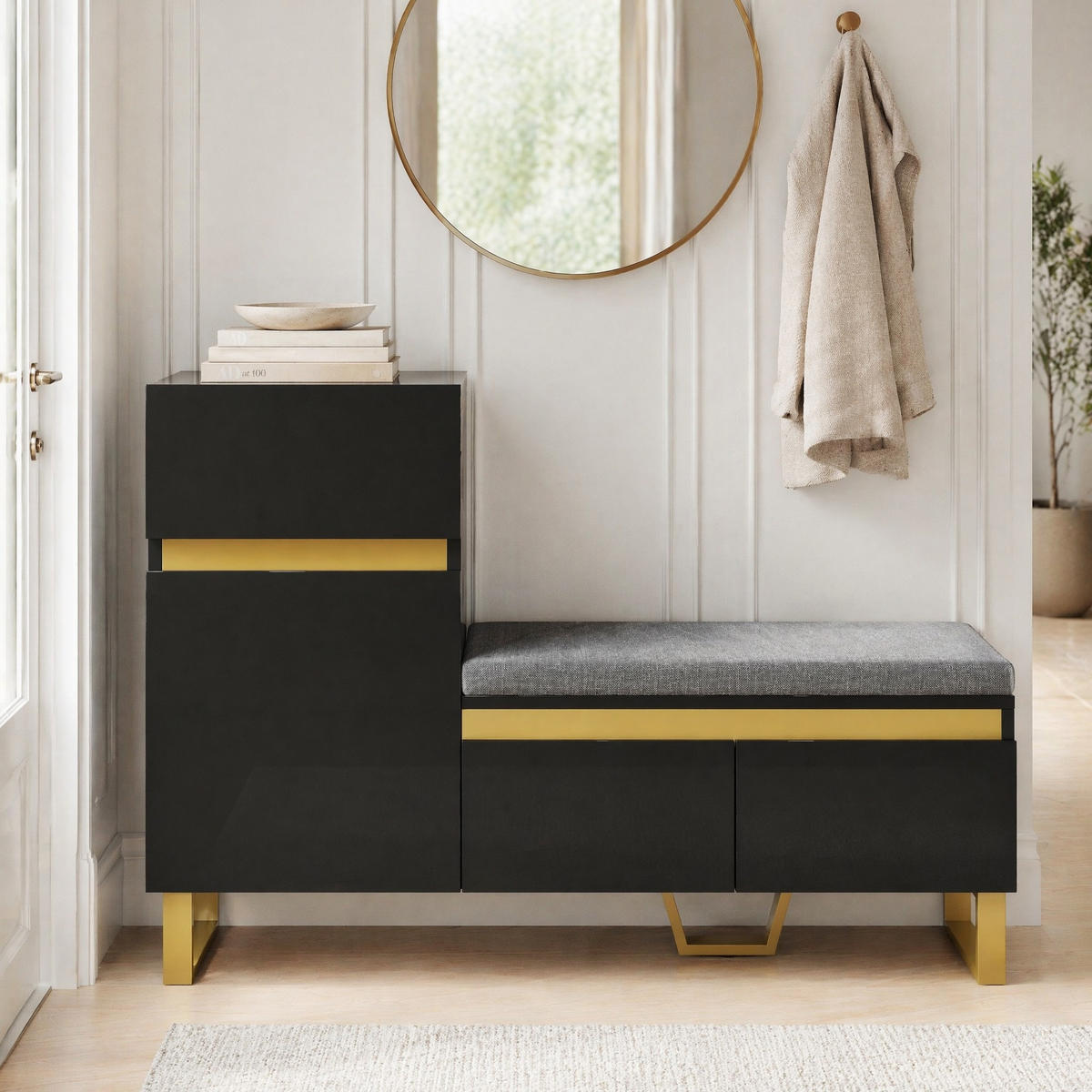 SCHUHSCHRANK in Schwarz mit großem Fassungsvermögen, mehrstöckigem Stauraum und Schubladen für Flur, B120/T35/H85 cm - Goldfarben/Schwarz, Holzwerkstoff/Metall (120/80/35cm) - STILVORA