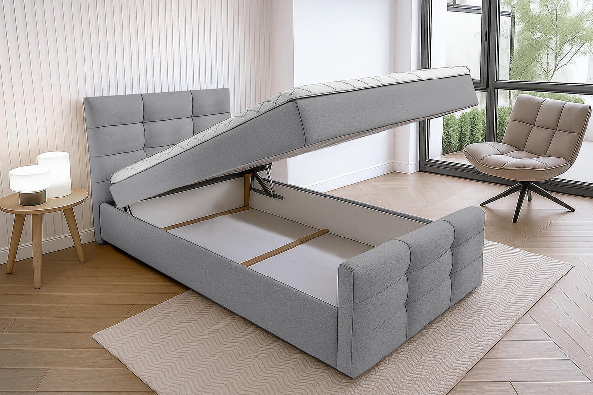 BOXBETT ARGENTARO 90x200 cm mit Bettkasten und Matratze - Grau - Schwarz/Grau, Holz/Holzwerkstoff (90/200cm) - AX Living