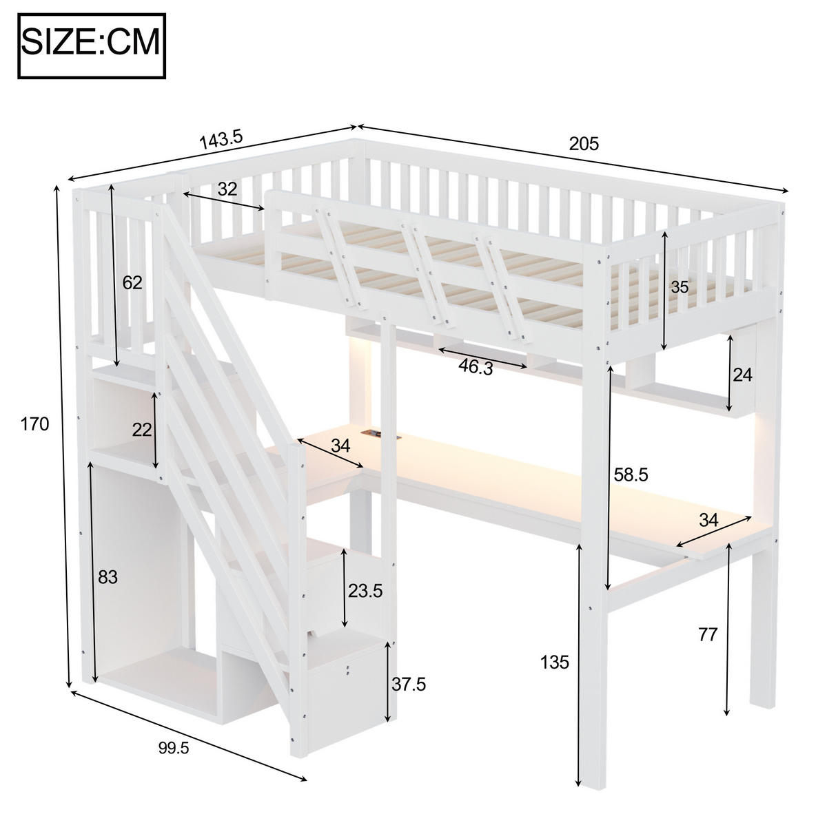 HOCHBETT 140/200 cm weiß aus Holz mit Schreibtisch und Stauraum - Weiß, Holzwerkstoff (90/200cm) - OKWISH