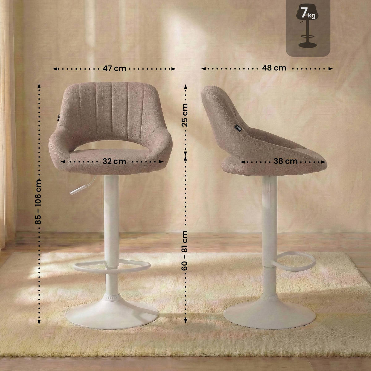 BARHOCKER Stoff Taupe - Taupe/Weiß, Textil/Metall (47/85/48cm) - CLP