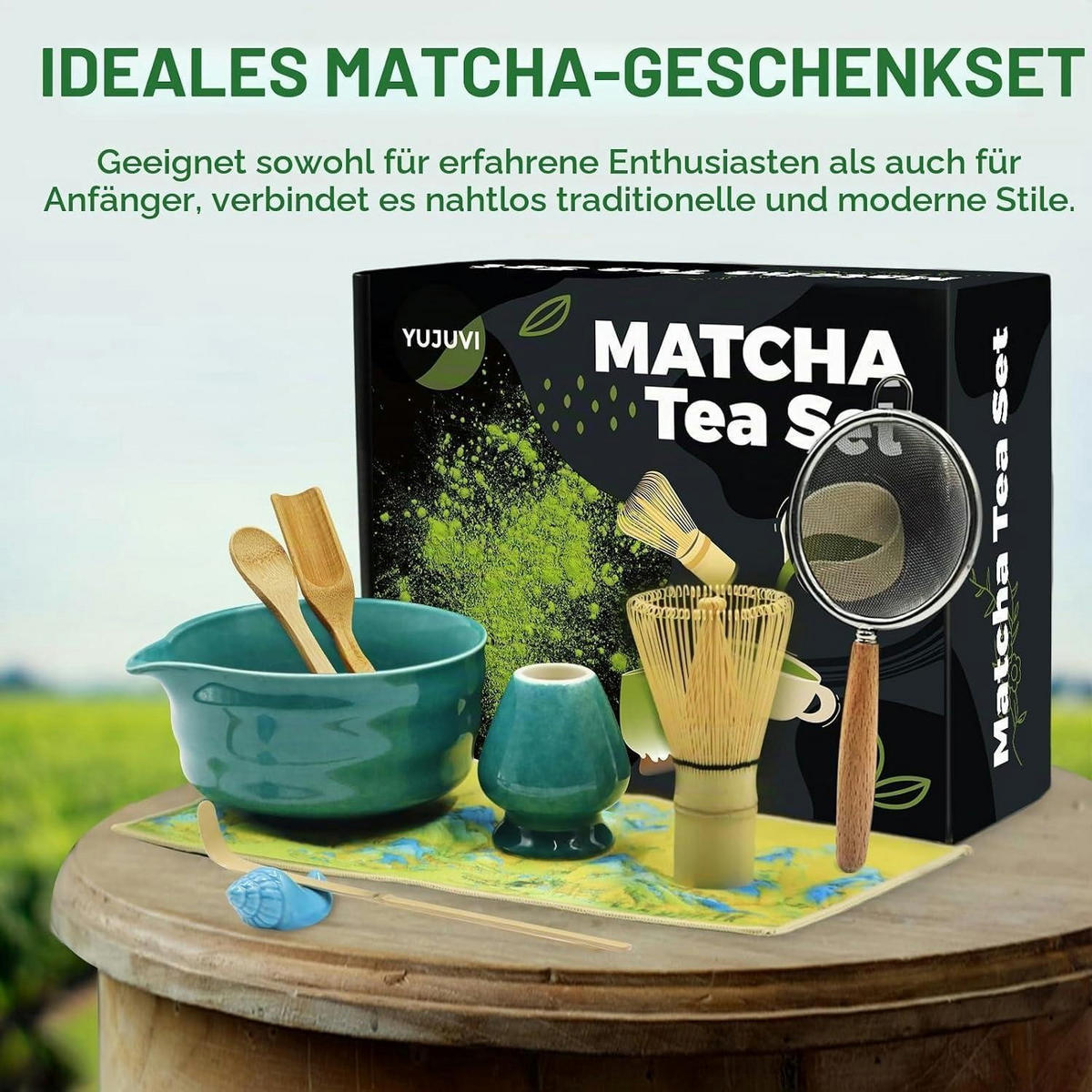 MATCHA Tee Set 9-teiliges Set mit Schale und Besen - Türkis, Keramik (14/7/14cm)