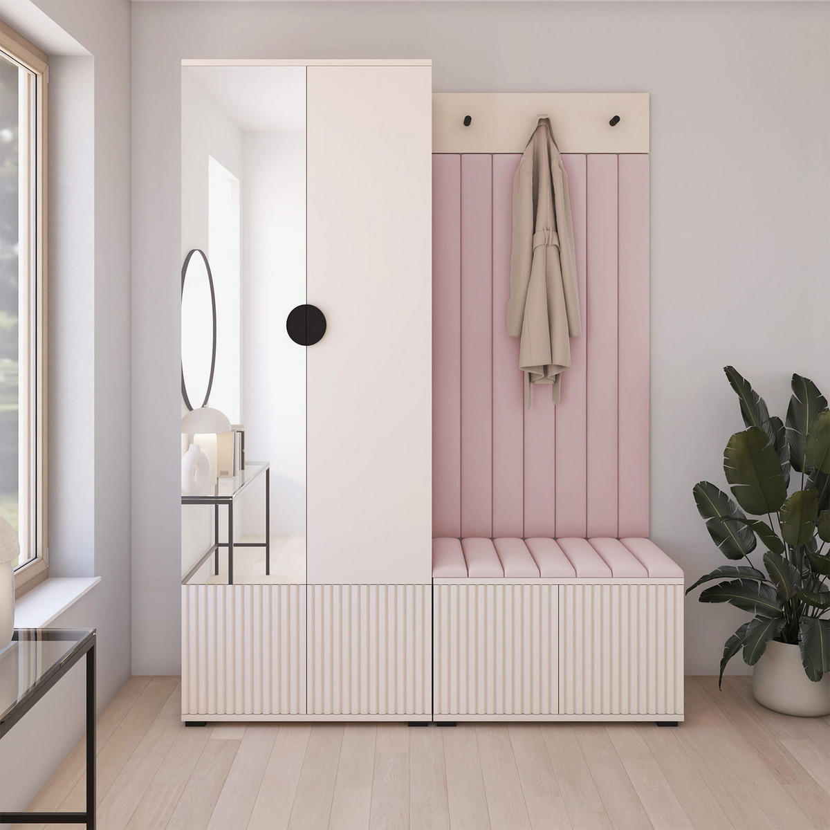 GARDEROBE Ritmo version 1 mit Spiegel, mit POLSTERPANEELEN ROSA - Beige/Rosa, Holzwerkstoff (140/185/40cm) - Jerpax