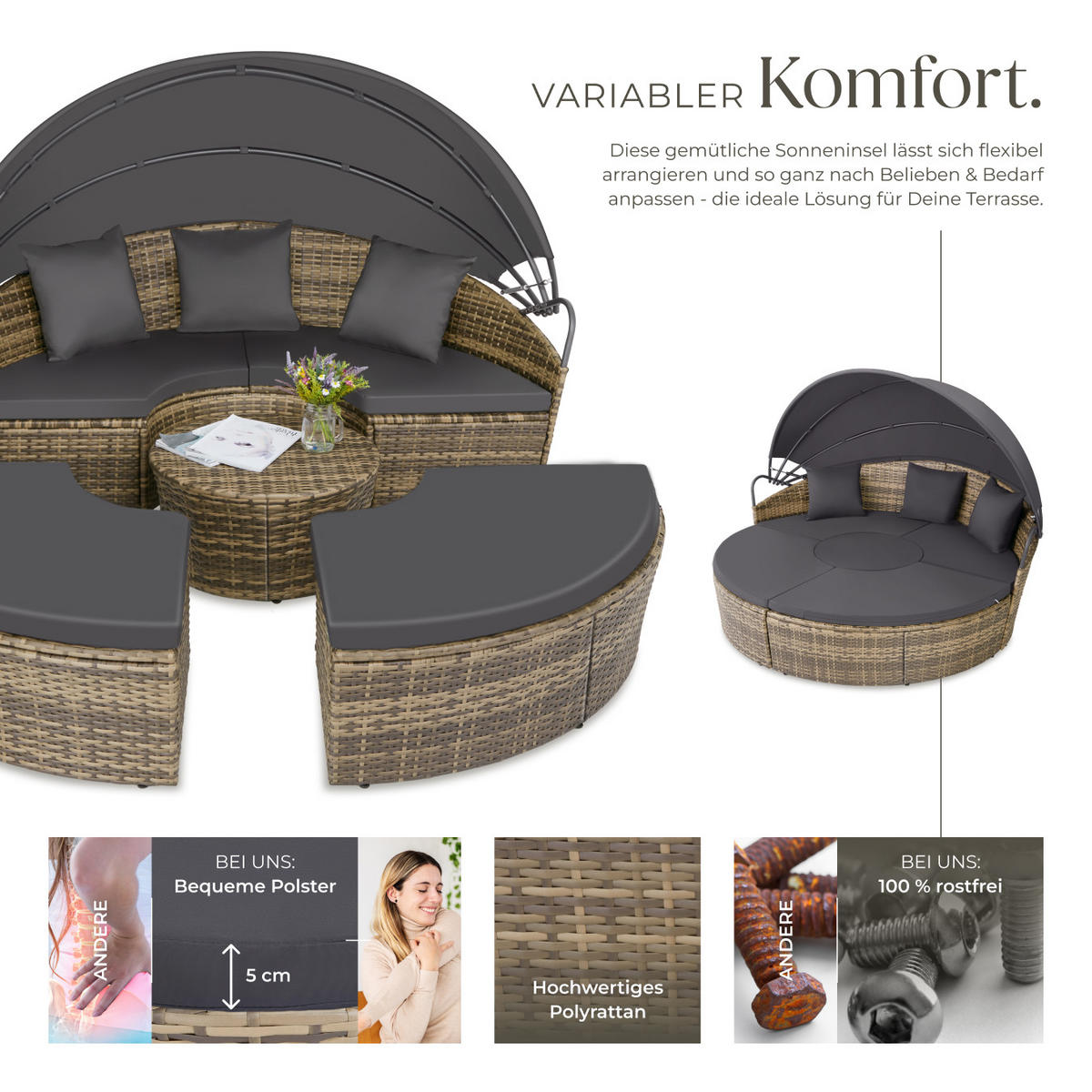 RATTAN SONNENINSEL Santorin,variabel aufstellbar,natur - Naturfarben, Kunststoff (171/136/175cm) - tectake