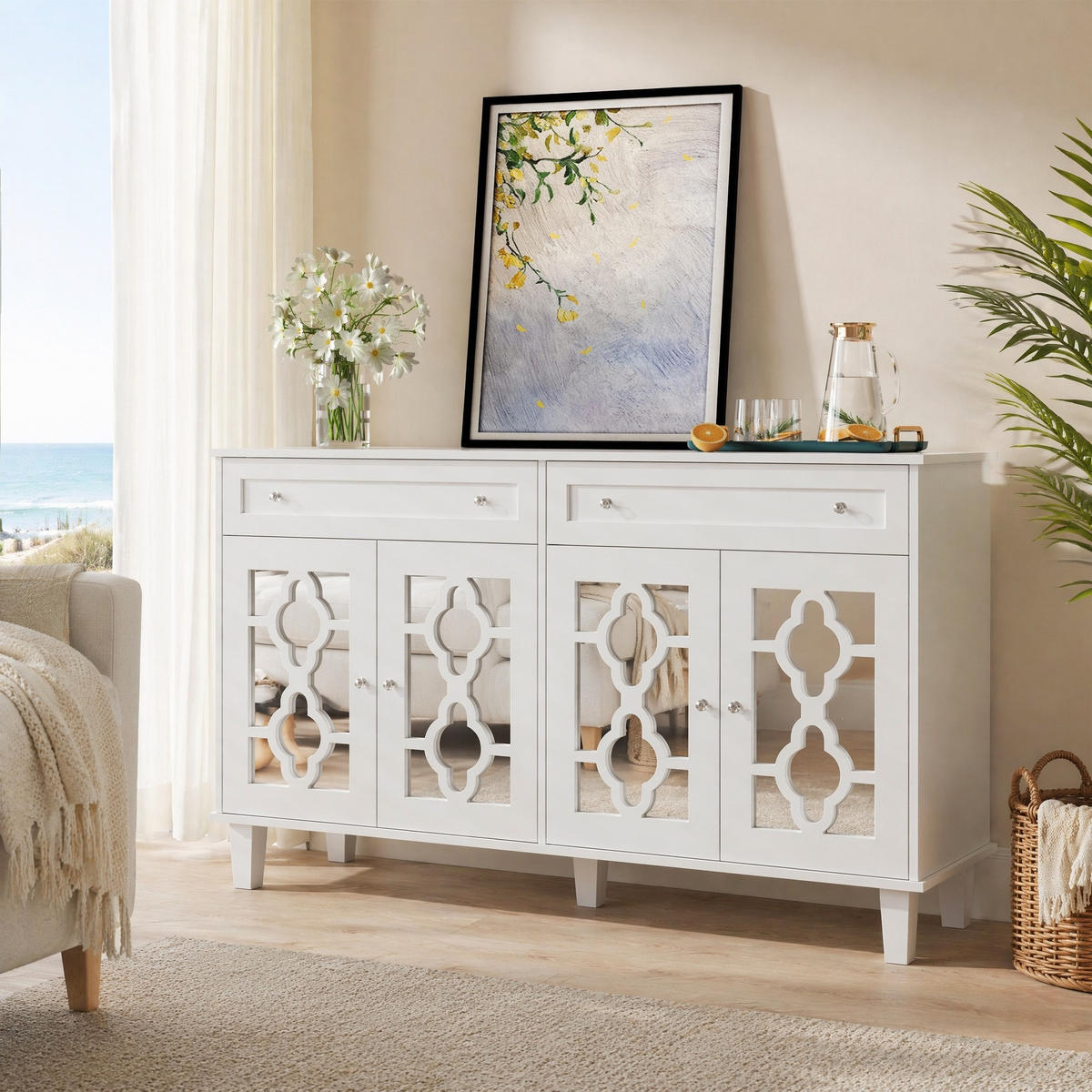 SIDEBOARD in Weiß Anrichte mit Spiegeltüren und Schubladen für Wohnzimmer und Schlafzimmer, B140/T40/H83 cm - Weiß, Glas/Holzwerkstoff (140/83/40cm) - STILVORA