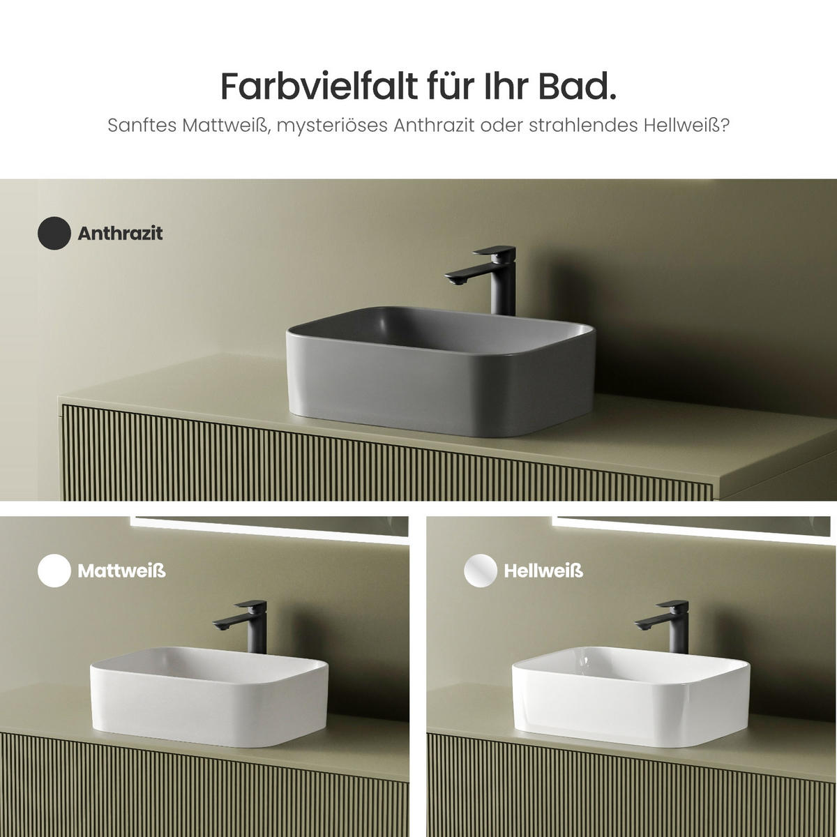 WASCHBECKEN Keramik Rechteck Abgerundete Matt Dunkelgrau 50,5 / 38 / 15 cm - Schwarz, Keramik (38/15/50.5cm) - EMKE