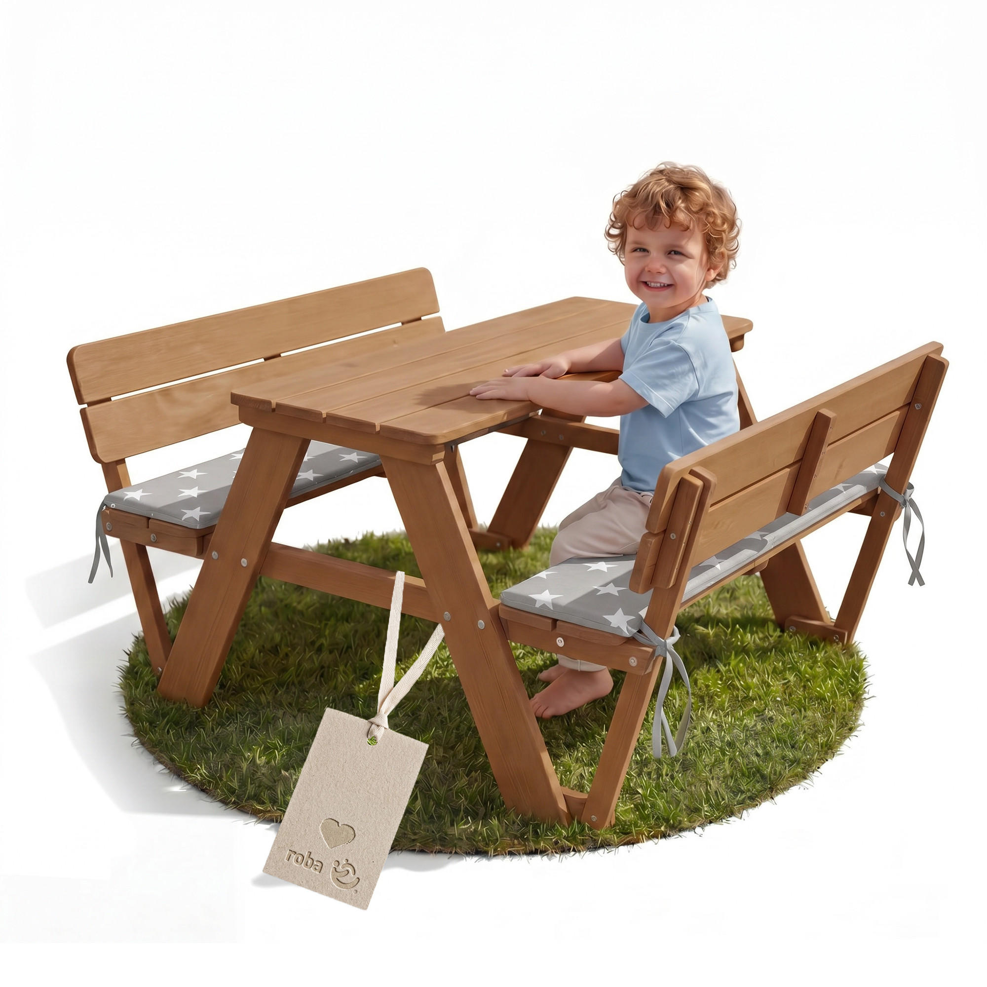 KINDERSITZGRUPPE PICKNICK for 4' Outdoor + teak mit Lehne und Bankkissen - Teakfarben, Holz - Roba