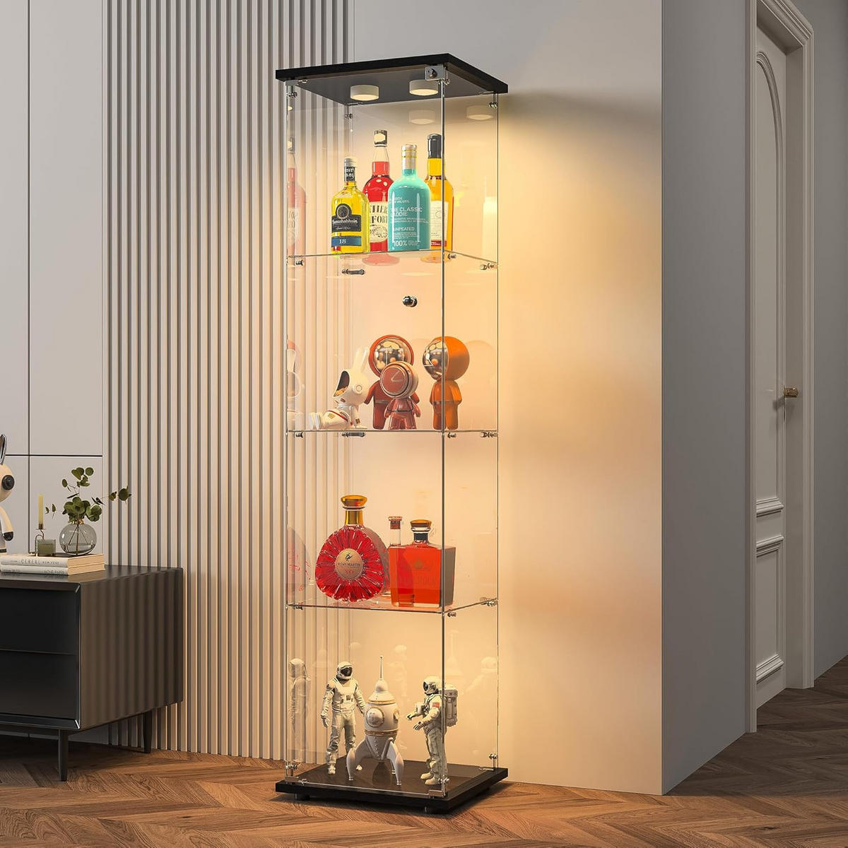 GLASVITRINE Stehend 4-Lagen Mit LED, Schloss & 1 Tür Schwarz - Schwarz, Holz (36.5/164/42.5cm)