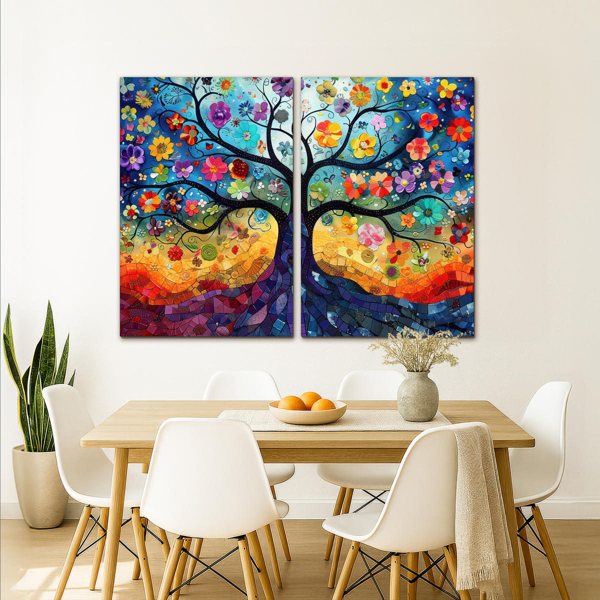 LEINWANDBILD 2er Set Bunt - Baum des Lebens - Blumen - Abstrakt 160x120 cm - Blau, Textil (160/120cm) - MuchoWow