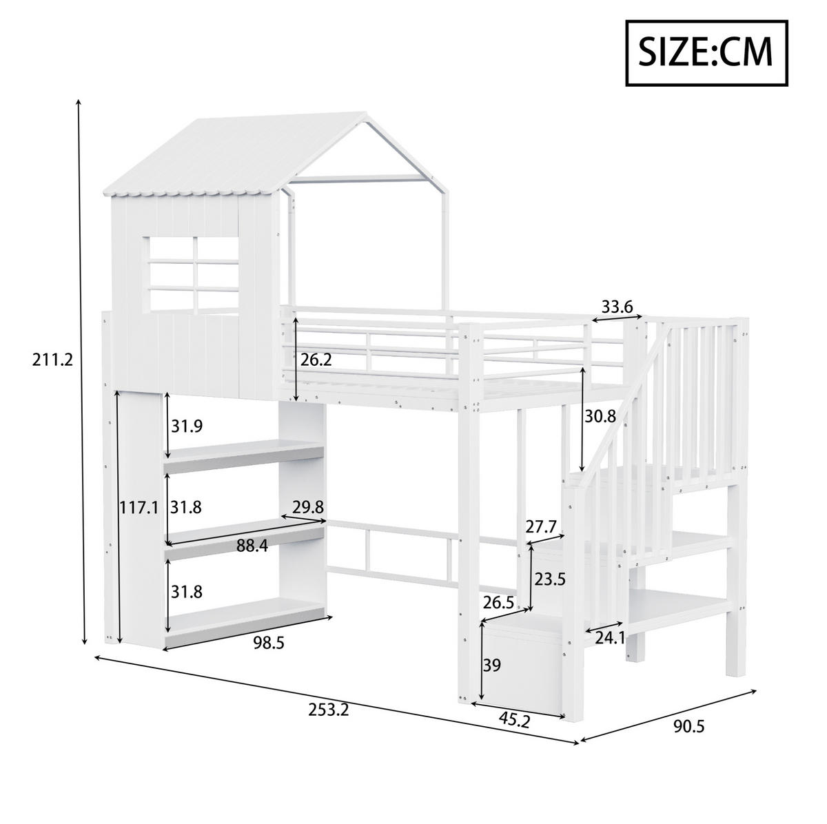 HOCHBETT aus MDF und Metall 90x200 cm Weiß mit Stauraumtreppe, Regal und großem Unterbettbereich - Weiß, Holzwerkstoff (90/200cm) - Modfu