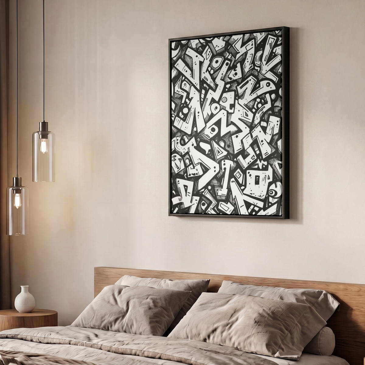 LEINWAND Bilder mit Rahmen - Formen - Buchstaben - Graffiti - Schwarz - 50x70 - Schwarz, Textil (50/70cm) - MuchoWow