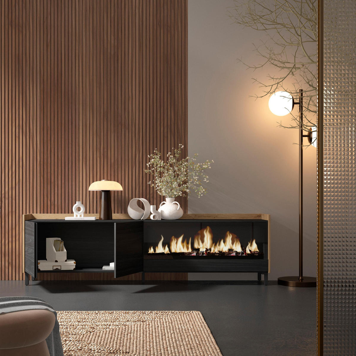 LOWBOARD, Schwarz und Eiche, 212/35/61cm, Kamin mit Feuereffekt XXL - Schwarz, Holzwerkstoff (212/61/35cm) - Skraut Home