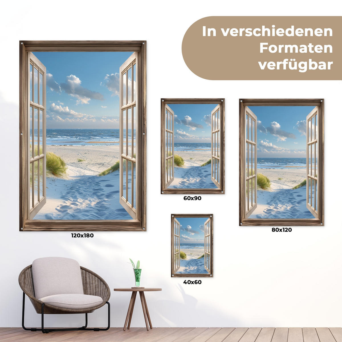ZAHRADNÍ PLAKÁT Pohled - Pláž - Okno - Duny - Moře 80x120 cm - světle modrá, plast (80/120/0.2cm) - OnlyWow