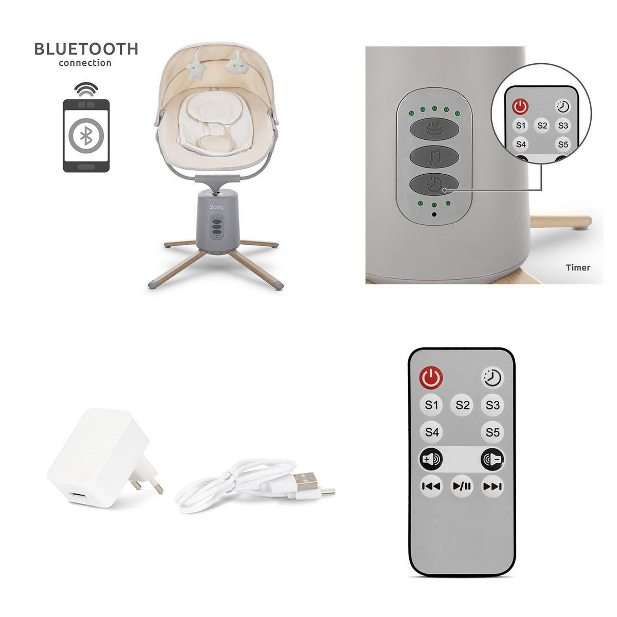 BABYWIPPE Storky grau Bluetooth, Fernbedienung, Timer, 5-Punkt-Gurt, Holzoptik-Füße - Grau, Metall - Lorelli