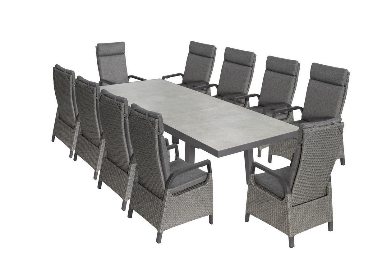 GARTENMÖBEL-SET Georgia 4 Aluminium ausziehbarer Tisch 10x Hochlehner Gartensessel - Anthrazit/Grau, Naturmaterialien - Green Spirit