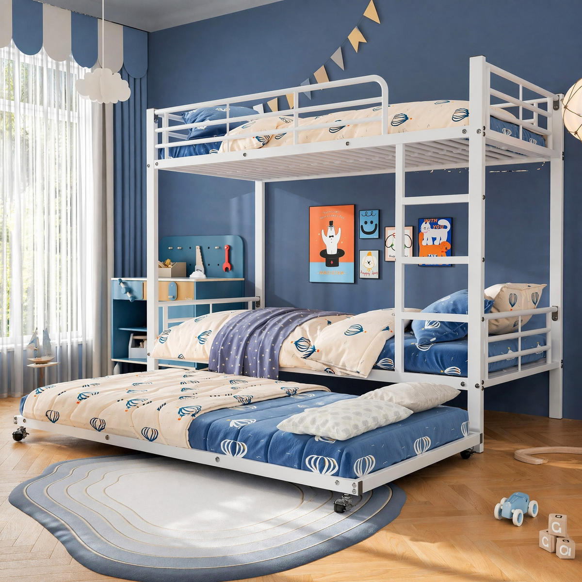 ETAGENBETT 90/200+90/190 mit Ausziehbett, Leiter und Seitengittern in Weiß - Weiß, Metall (90/200cm) - EVRYAE