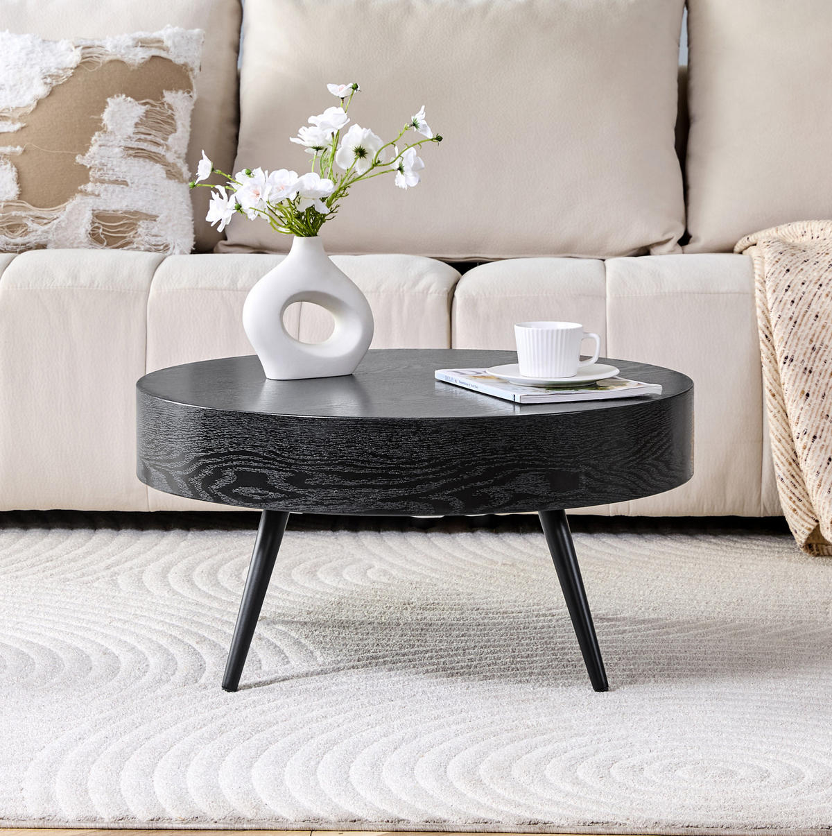 COUCHTISCH 70/35.5 cm Schwarz aus MDF und Metall in runder Form - Schwarz, Holzwerkstoff (70/70/35.5cm) - OKMYHOME