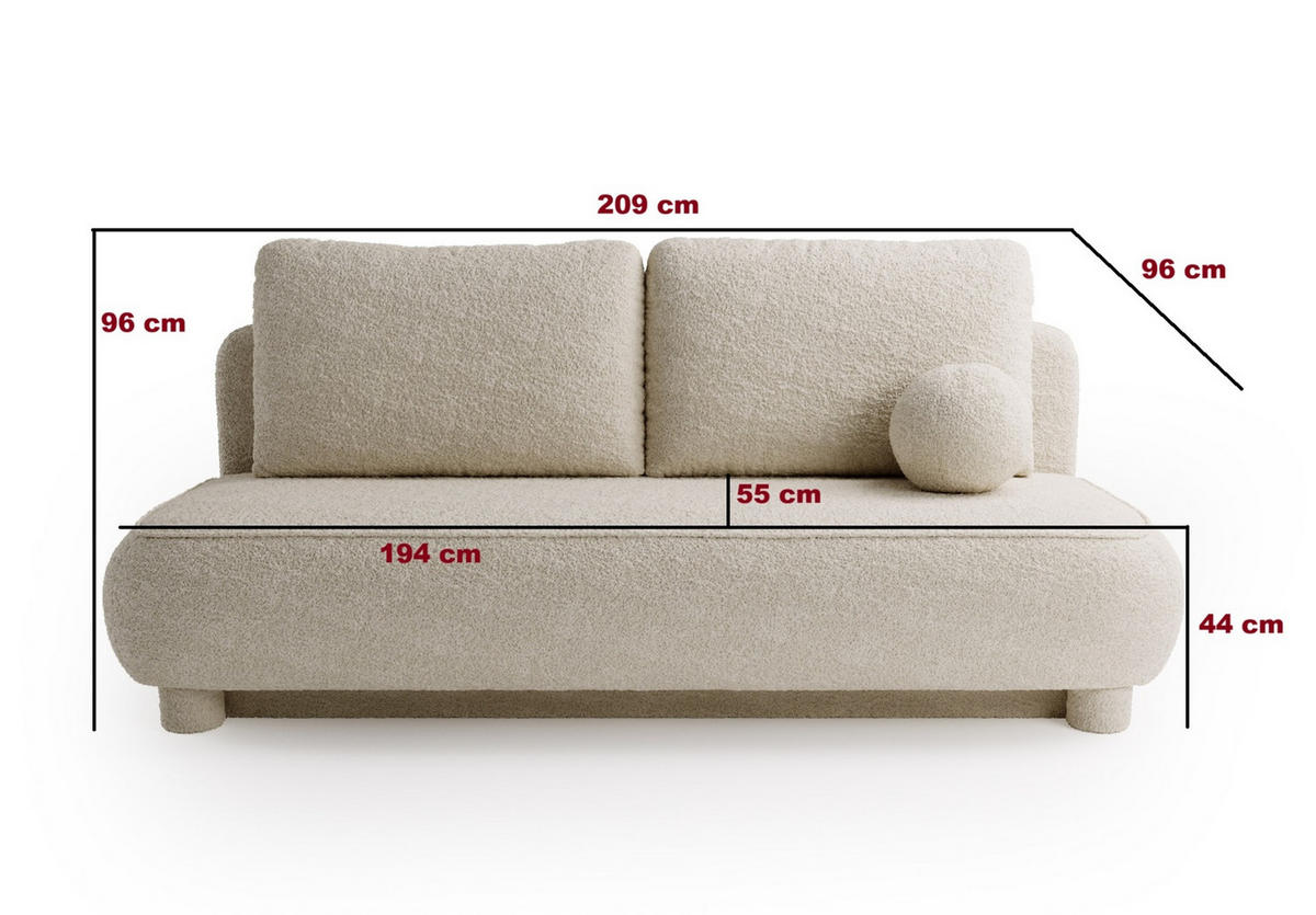SITZSOFA Weiß MAJA Mit Schlaffunktion Bouclé - Weiß, Textil (209/96/96cm) - Sepro Meble